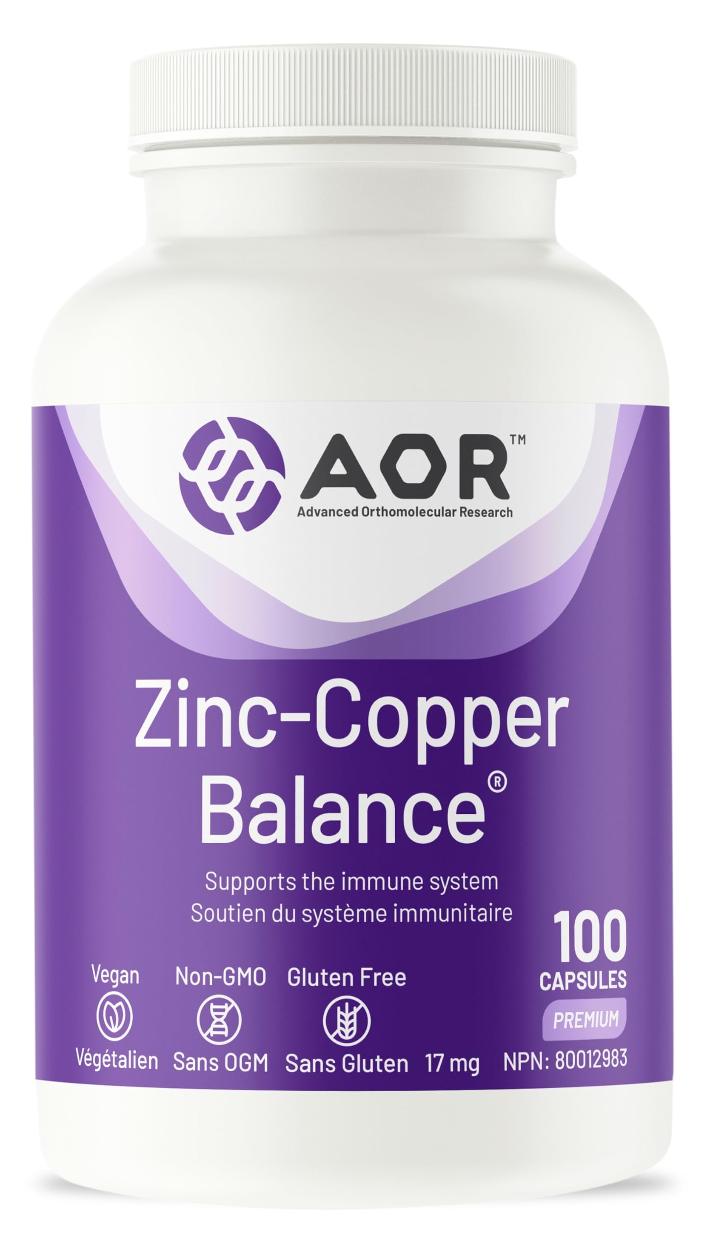 AOR Zinc Cuivre Équilibre 17mg, 100 V-Caps, Approvisionnement de 100 Jours - Soutien Nutritionnel pour la Peau, les Cheveux, les Os et le Bien-être Général, SANS OGM et Sans Gluten, Facile à Avaler, Suppléments de Zinc et de Cuivre pour Hommes et Femmes
