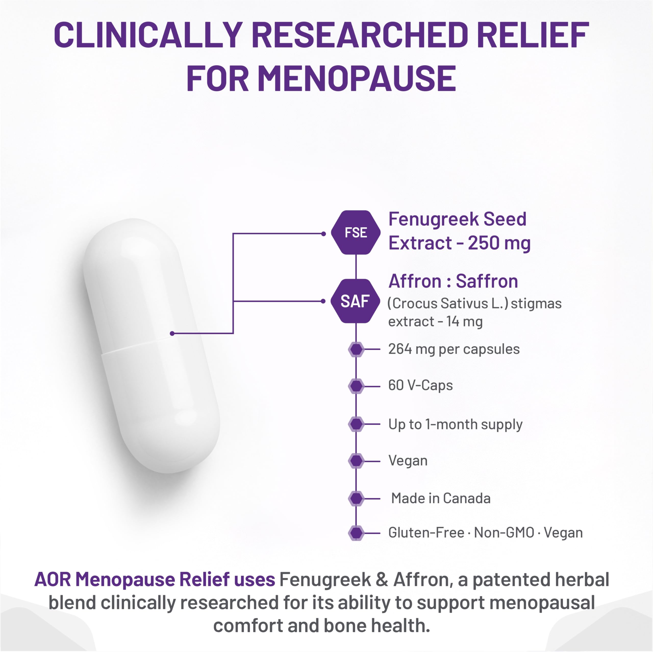 AOR - Soulagement ménopause 60 gélules – Approvisionnement 30 jours – Complément pré et post-ménopause pour femmes – Complément pour soulager l'irritabilité, les bouffées de chaleur et les sueurs nocturnes – Soutien ménopause Équilibre hormonal