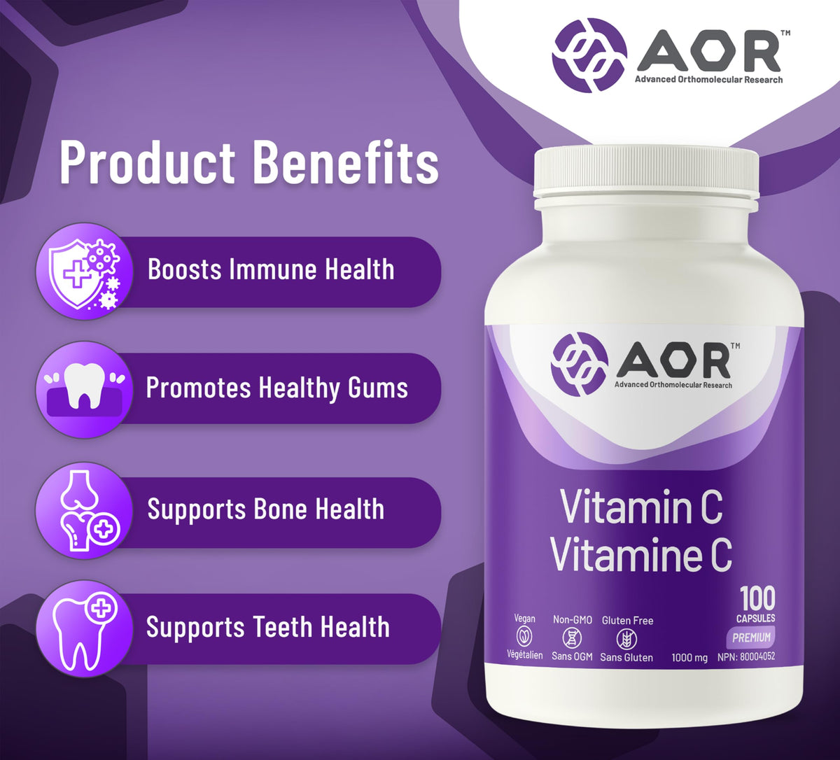 AOR Vitamin C 1000mg Capsules, Vegan Vitamin C, Immune Support, 100 Pack
