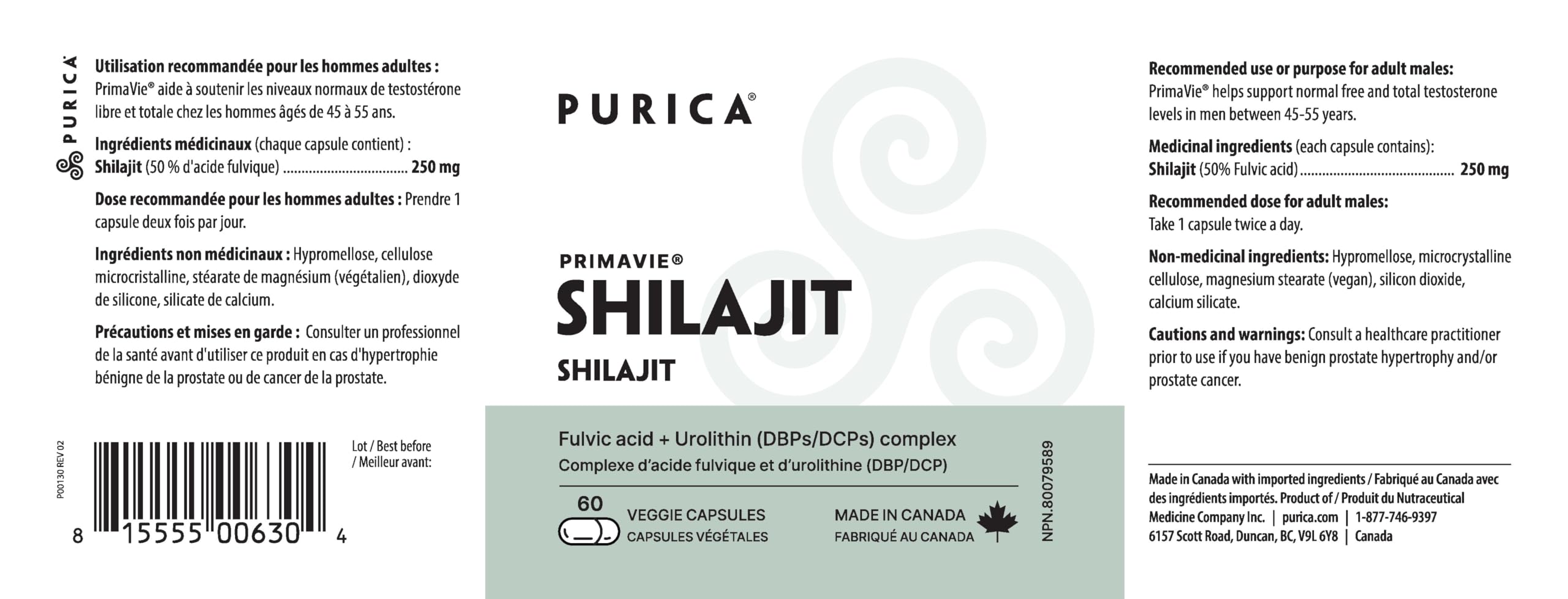 PURICA PrimaVie Shilajit pur de l'Himalaya avec 50 % d'acide fulvique, 250 mg par portion, 60 capsules végétaliennes pour 30 jours, favorise la vitalité, l'énergie, la performance et le bien-être quotidien pour les hommes, sans OGM et sans gluten