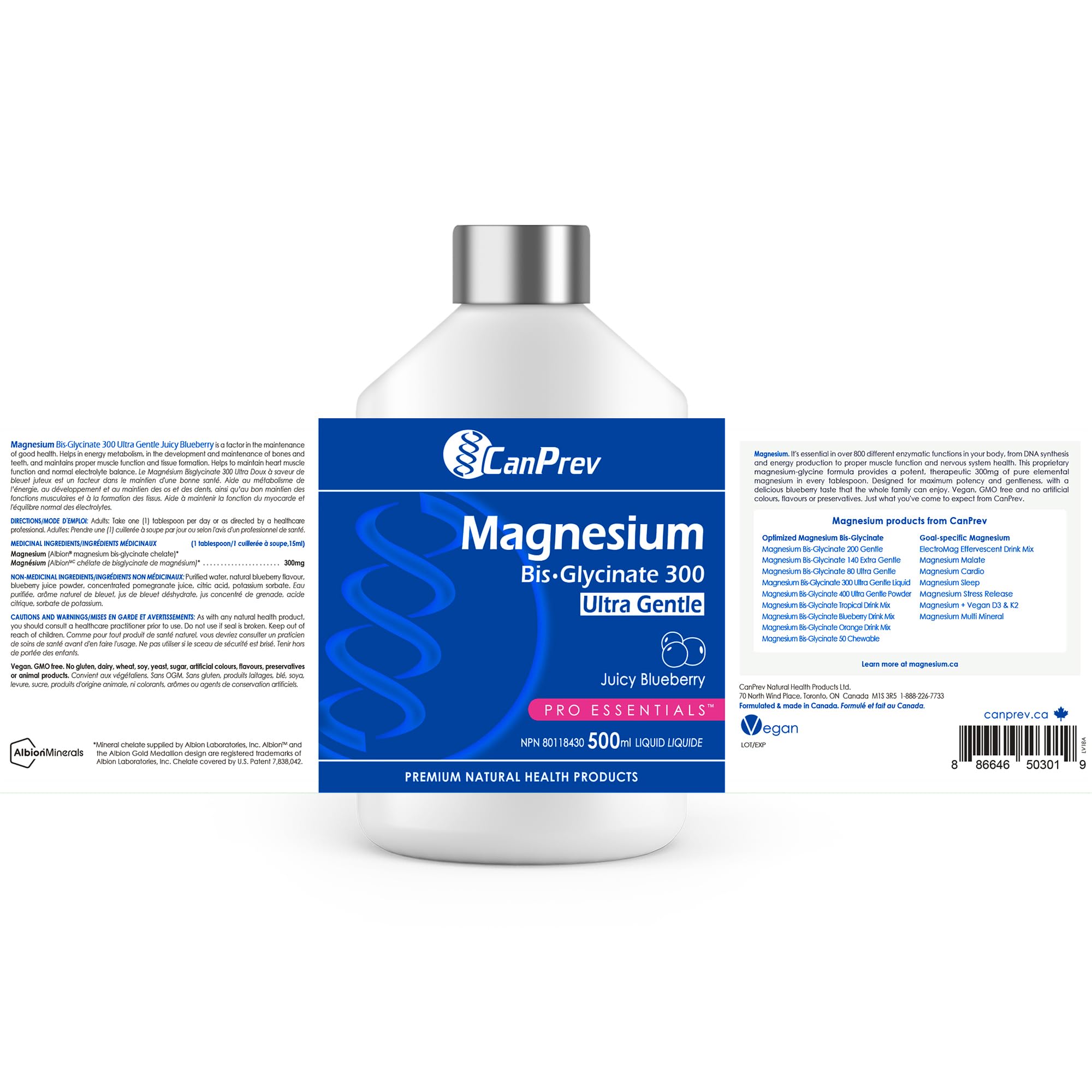 CanPrev Bisglycinate de Magnésium 300 Ultra Doux, 500ml Liquide 33 Portions Saveur Myrtille Juteuse - Absorption Améliorée pour un Meilleur Sommeil, Supplément de Magnésium Pur et Doux - Végétalien et Sans OGM