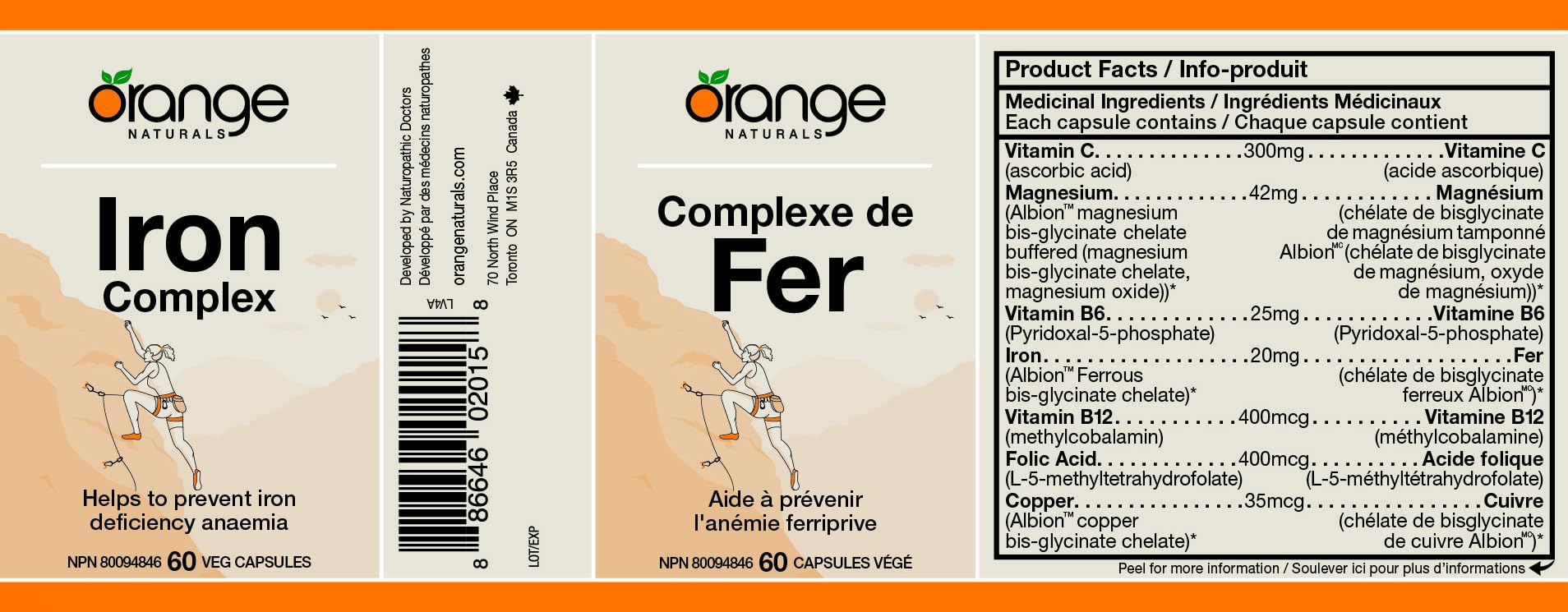 Orange Naturals Complexe de Fer, 60 capsules végétales, pour 60 jours - Végan, sans OGM, sans soja et sans gluten - Bisglycinate de fer doux avec vitamine C, B6, B12 et acide folique, complément de fer facile à digérer