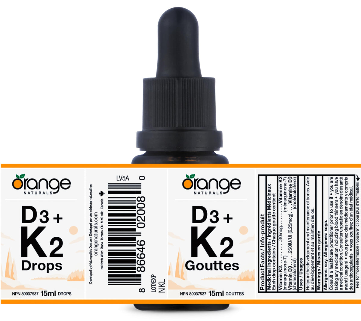 Orange Naturals Vitamin D3 K2 Drops, MCT Oil, Orange, 15 ml, 75 Day Supply