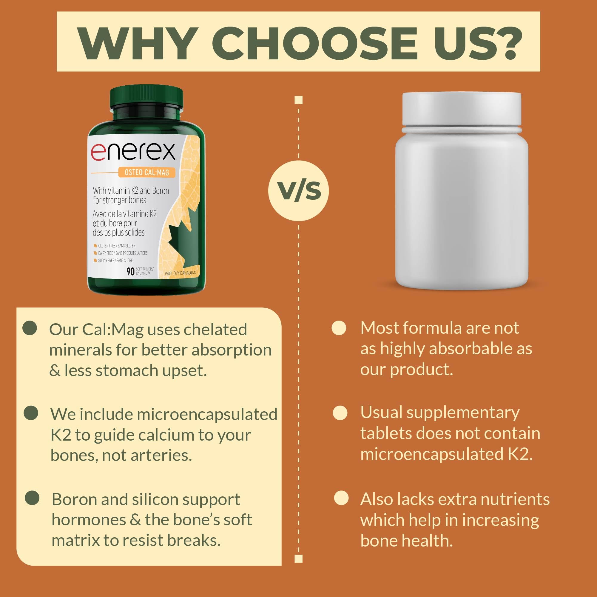 ENEREX - Ostéo Cal:Mag - Sans gluten et sans produits laitiers - Contribue au développement et au maintien des os - Calcium, magnésium, chou frisé cru biologique, extrait de bambou, bore, vitamine K2 et D3