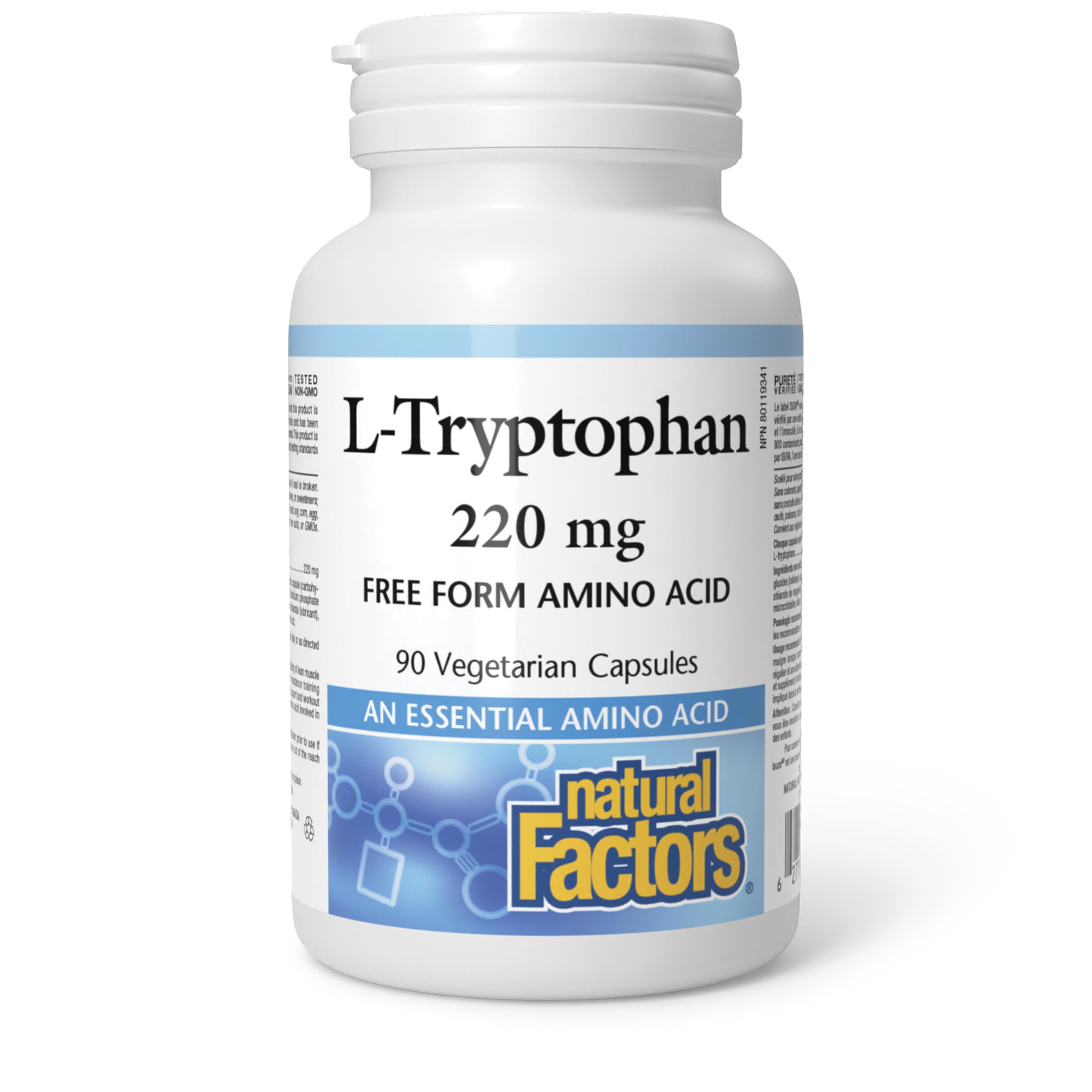 Natural Factors L-Tryptophan 220 mg, 90 Vegetarian Capsules, Free Form Amino Acid, Highly Absorbable, Naturally Fermented, Vegetarian Source, Builds Lean Muscle Mass, Proudly Canadian