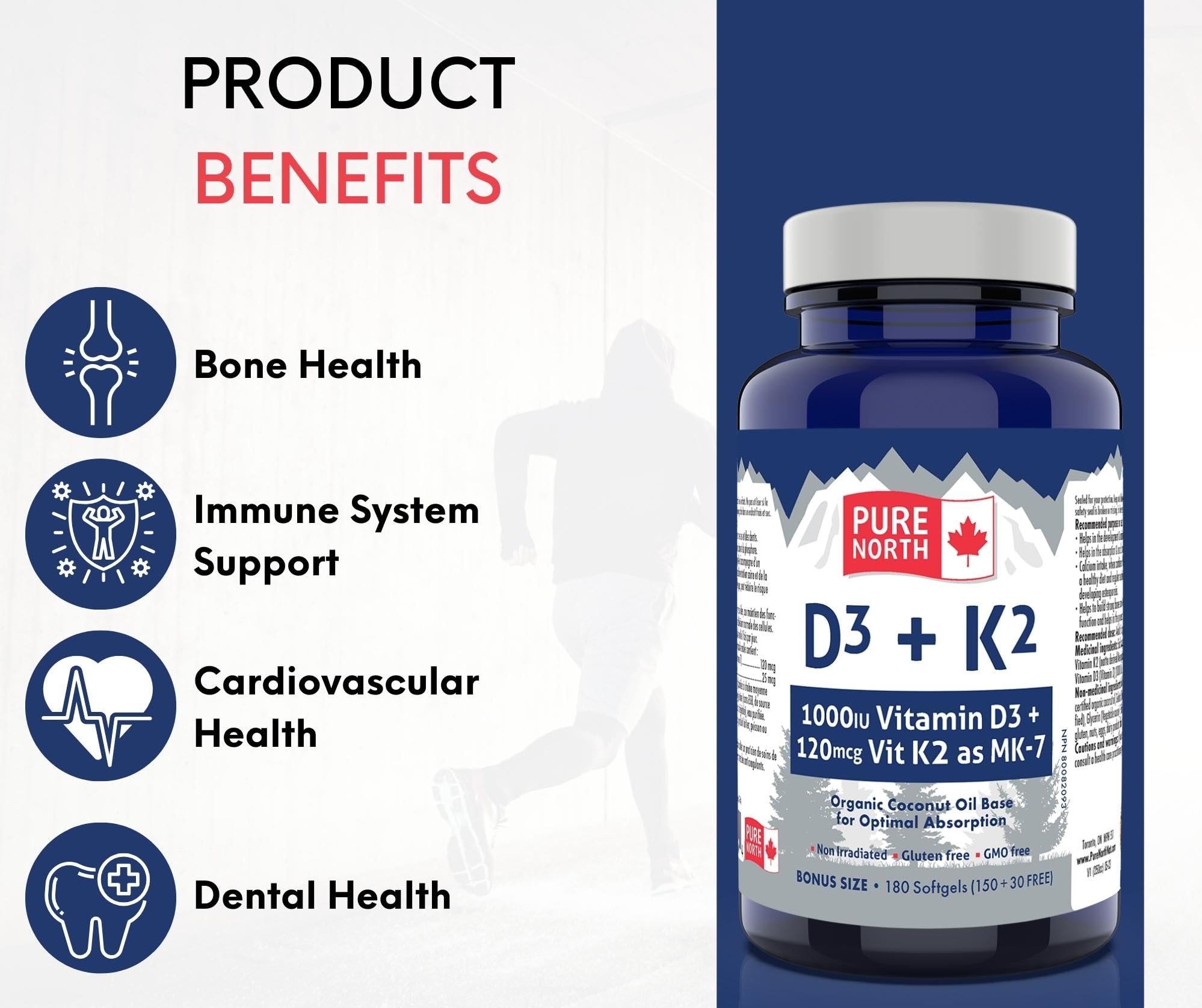 Pure North Naturals - D3 + K2 Vitamin Supplement 180 Softgels 180-Day Supply - Bone & Teeth Health - D3 1000IU + K2 MK7 120mcg with Organic Coconut Oil - 3rd Party Tested - Formulated & Made in Canada