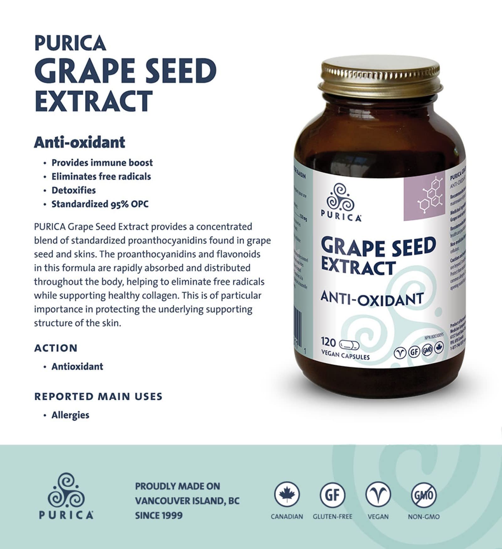 PURICA - Extrait de pépins de raisin, 120 capsules végétaliennes, cure de 60 jours - Source d'antioxydants pour le maintien d'une bonne santé, mélange concentré de proanthocyanidines standardisées - Sans OGM et sans gluten