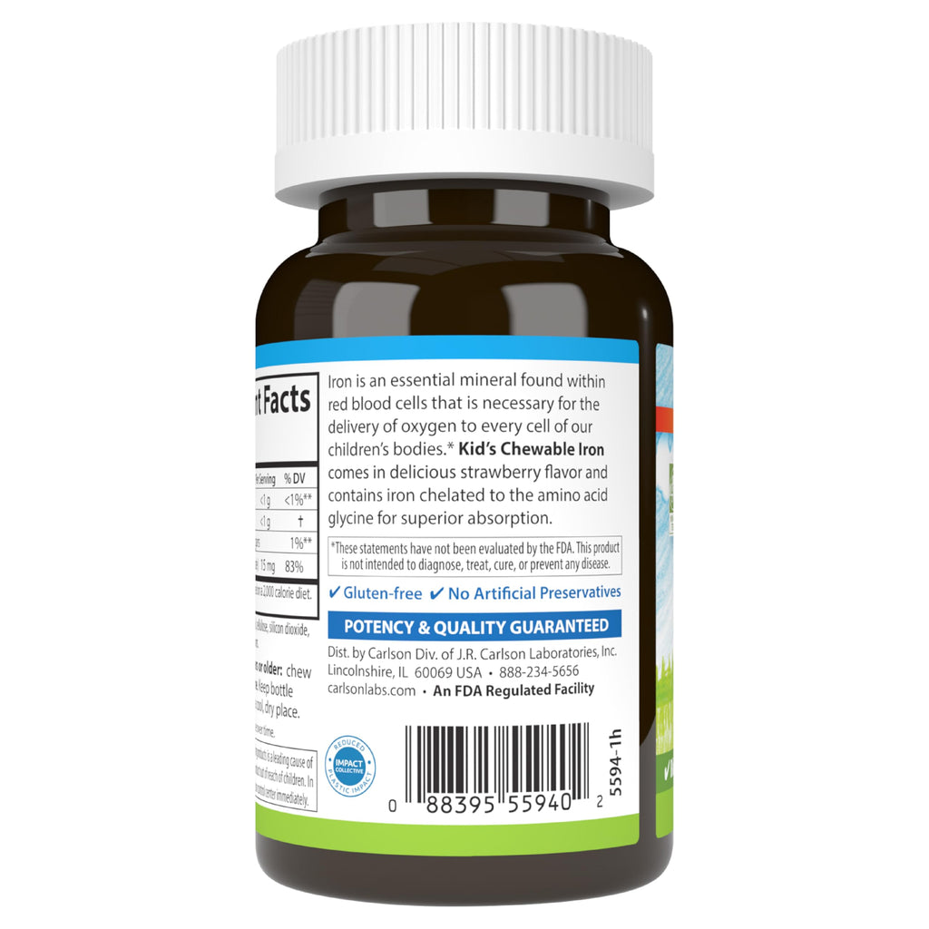 Carlson - Kid's Chewable Iron, 15 mg, Superior Absorption, Energy Production, Optimal Wellness, Non-GMO, Strawberry, 60 Chewable Tablets
