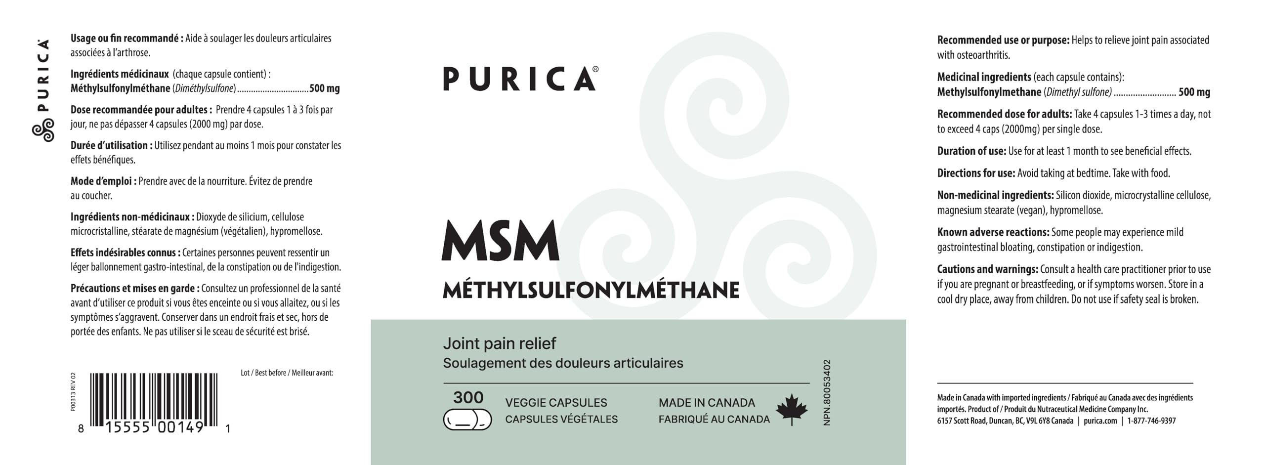 PURICA - MSM Gélules végétales - Soutien articulaire amélioré avec le méthylsulfonylméthane