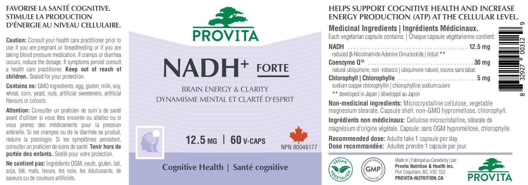 Provita NADH+ FORTE avec CoQ10 & Chlorophylle | Soutient la santé cognitive | Augmente le métabolisme énergétique cellulaire (ATP), le nicotinamide adénine dinucléotide (NAD) + l'hydrogène (H) | Formule à absorption et biodisponibilité améliorées