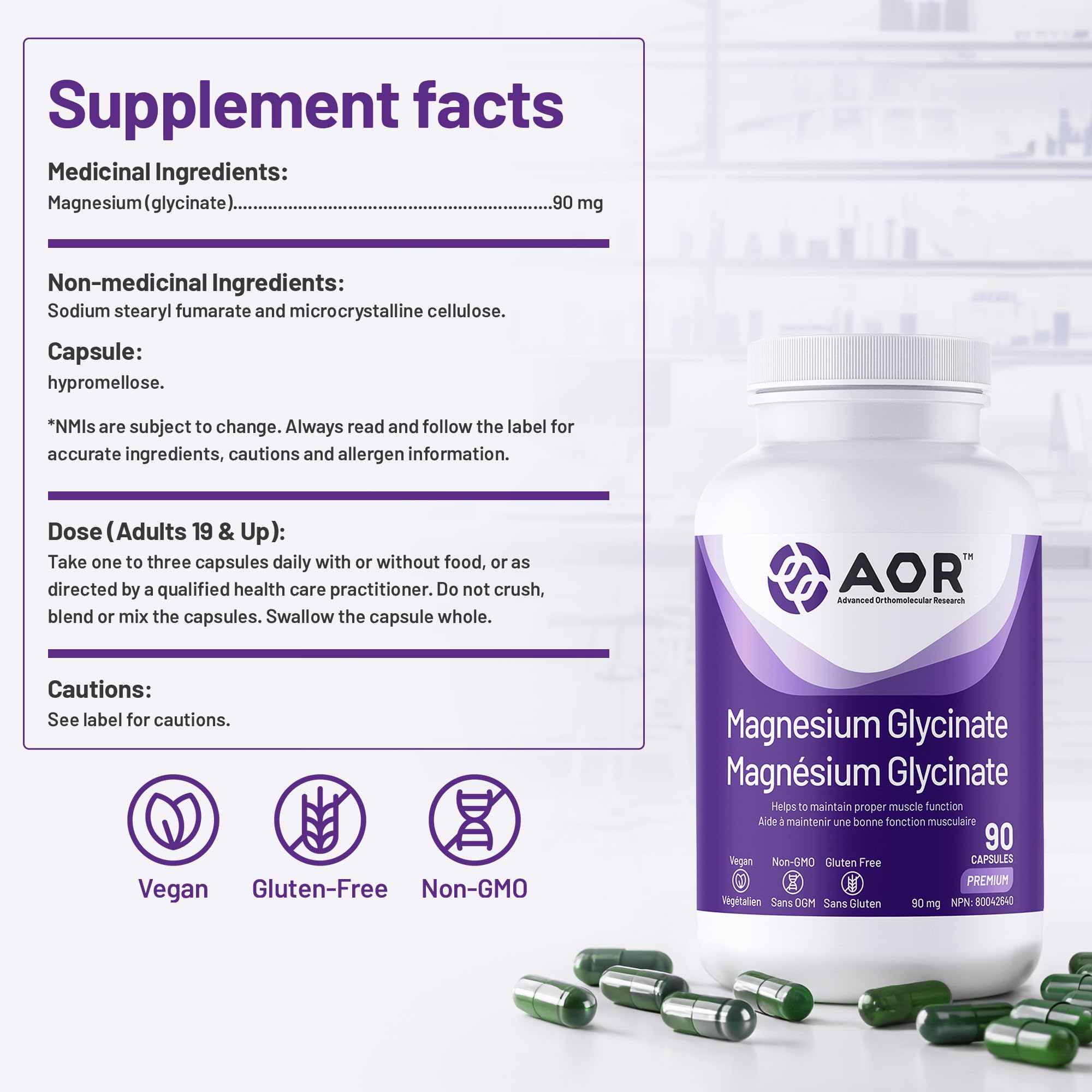 AOR Magnésium Glycinate, 90 mg, Favorise une fonction musculaire et un métabolisme optimaux, Soutien cardiovasculaire, Confort musculaire et cycles menstruels équilibrés, Végétalien et sans OGM