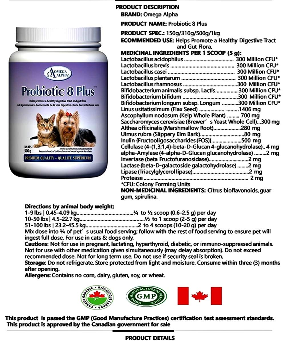 Omega Alpha Probiotic 8 Plus Poudre pour Chiens et Chats, Probiotiques pour Chiens - Soutient la Santé Intestinale, Améliore le Bien-être Digestif, la Santé des Yeux, des Dents et des Gencives, Formulé par des Vétérinaires, Fabriqué au Canada