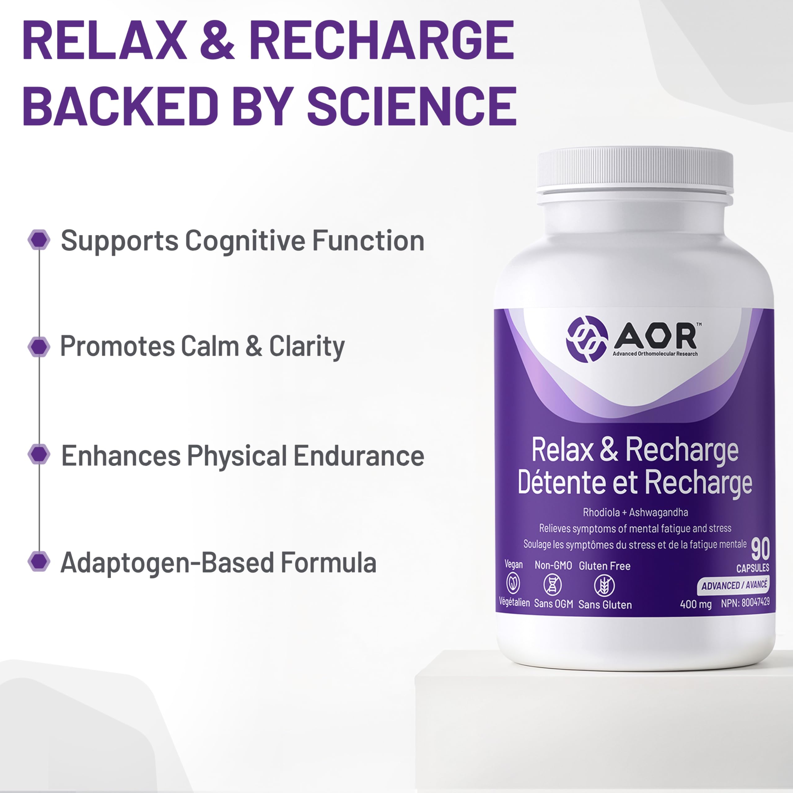 AOR Relax & Recharge 400mg 90 Caps 90-Day Supply - Rhodiola Rosea & Ashwagandha Extract, Herbal Supplement - Designed for Enhanced Focus & Mental Clarity, Support Calmness & Vitality, Vegan, Non-GMO