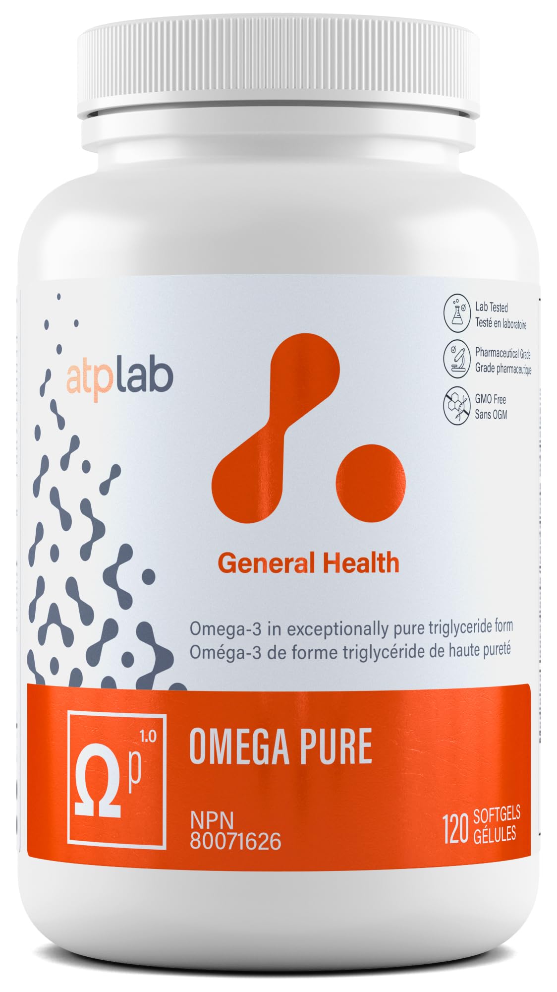 ATP Lab Omega Pure 120 gélules – Approvisionnement de 60 jours – Huile de poisson Oméga-3 TG EPA DHA et vitamine E, sans arrière-goût de poisson, favorise la fonction cérébrale et la santé cardiovasculaire, sans OGM, fabriqué au Canada, facile à avaler