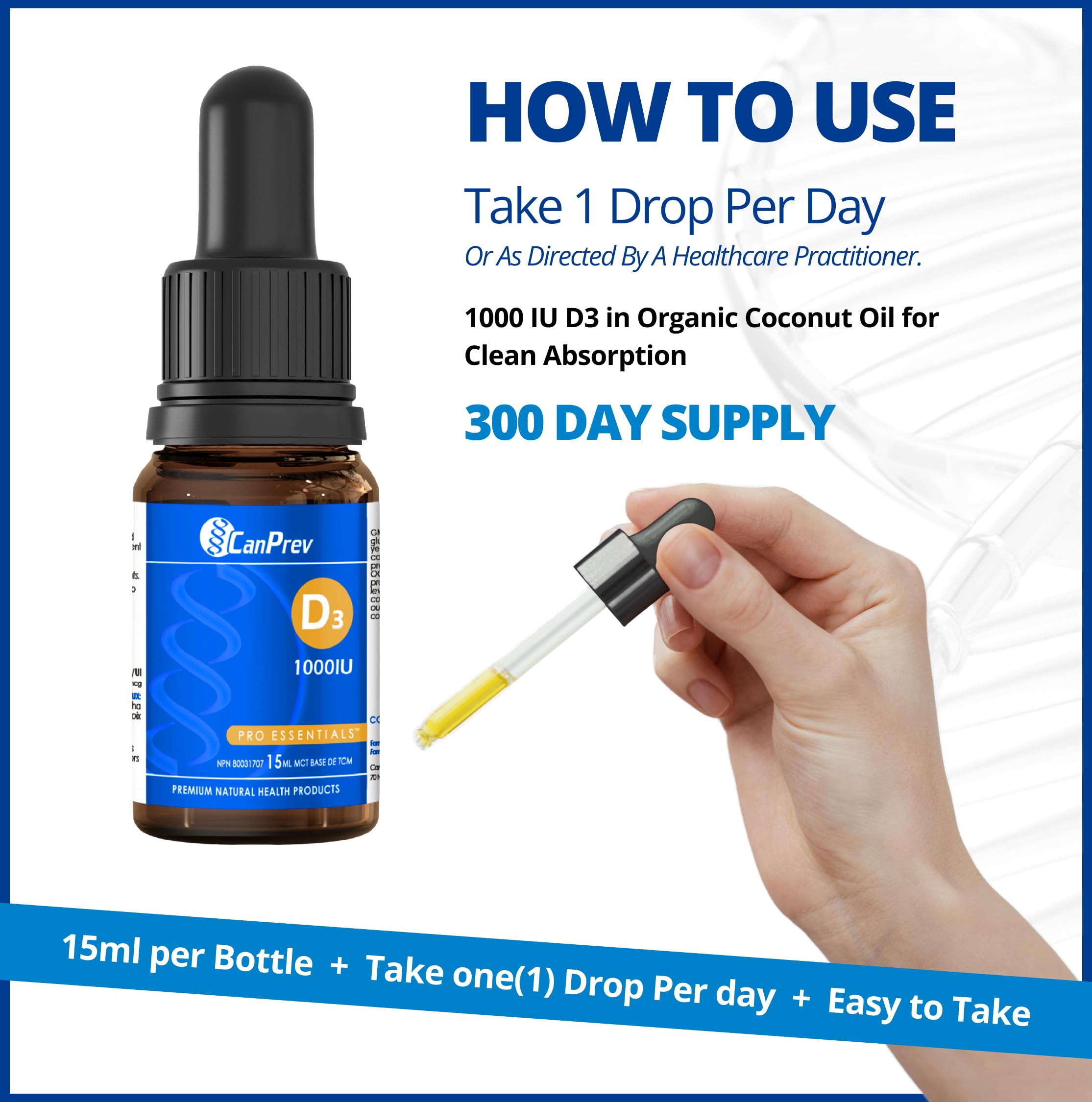 CanPrev Vitamine D3 Gouttes Liquides 1 000 UI (25 mcg), 15 ml, Approvisionnement de 300 jours - D3 d'origine végétale avec huile MCT - Aide à maintenir des os et des dents solides, Vitamine D liquide pour le bien-être quotidien et le soutien en calcium