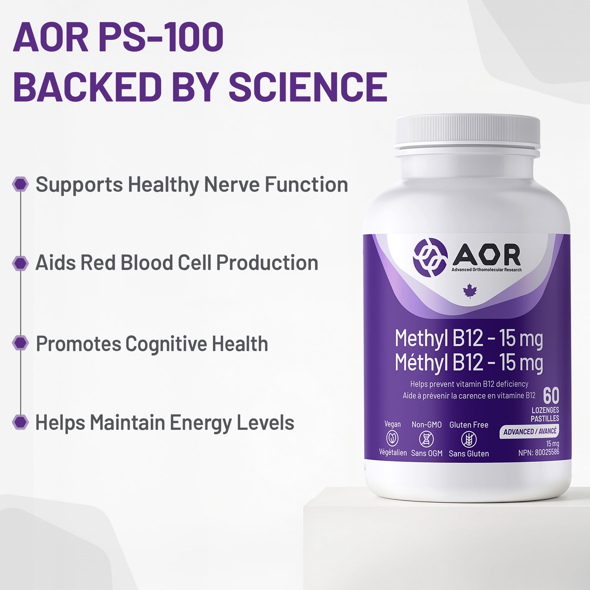 AOR - Méthyl B12, 60 pastilles - Vitamine B12 Méthylcobalamine - Complément favorisant la santé nerveuse - Supplément végétalien de B12 - Aide à prévenir la carence en vitamine B12 - Capsules de B12 méthylée