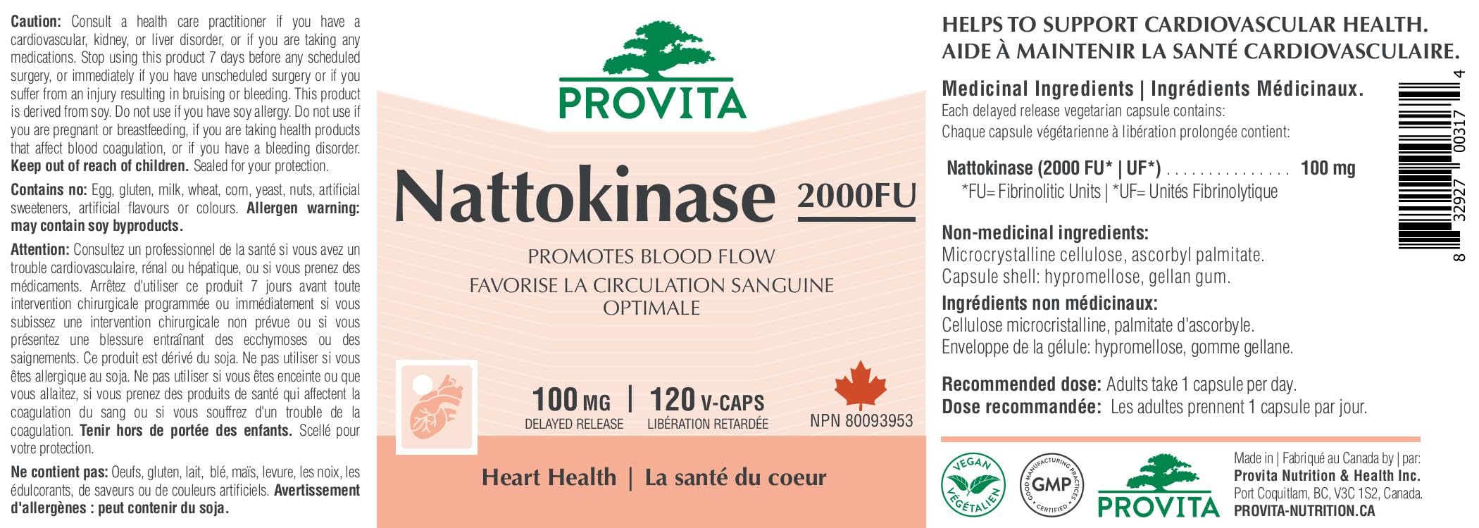 Provita Nattokinase 2000FU - 100mg Puissant antithrombotique - Soutient la santé cardiovasculaire