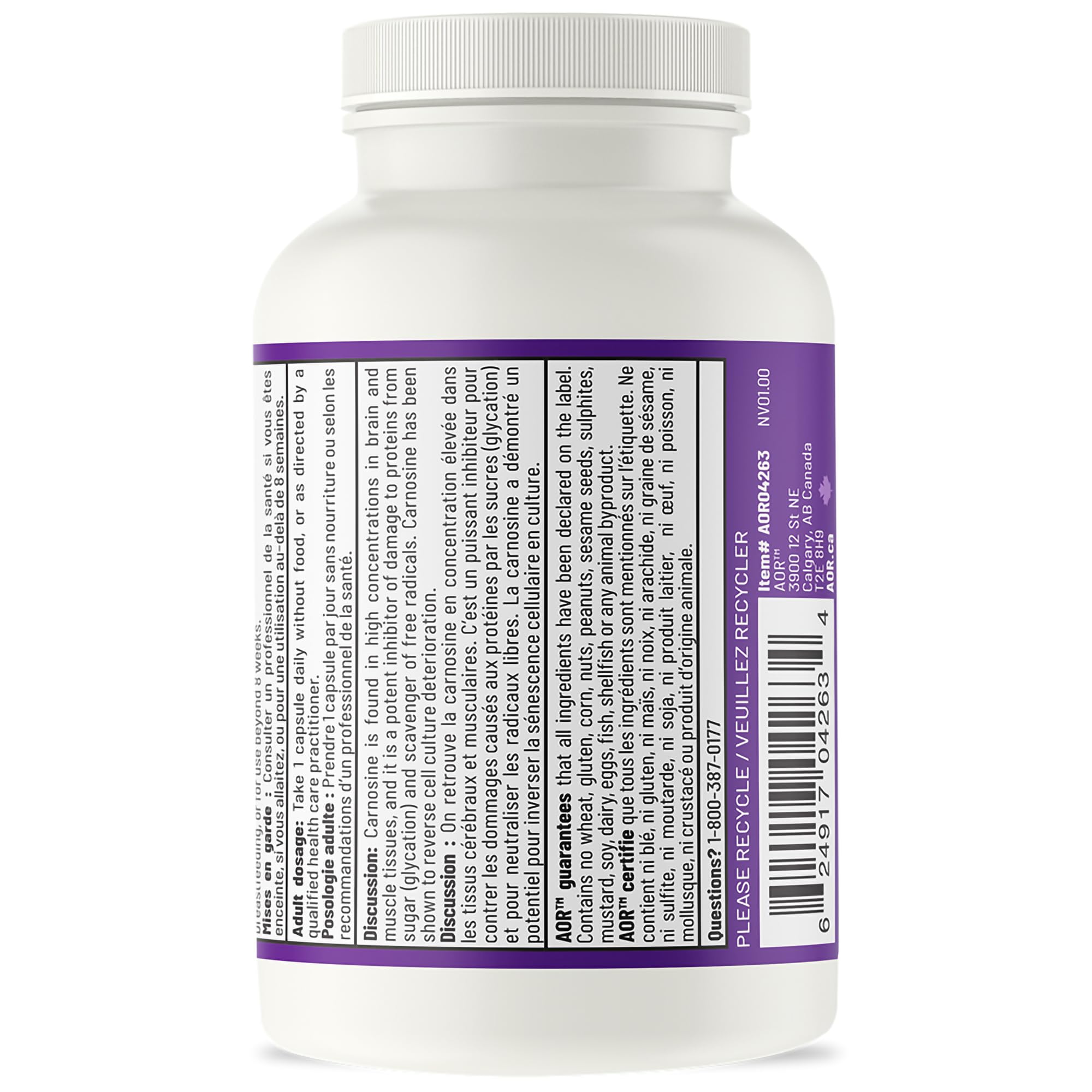 AOR Carnosine Supplément 500 mg Acides Aminés - Soutien Antioxydant pour la Fonction Cellulaire, la Vitalité Musculaire et le Bien-être Cognitif - Formule Végétalienne, sans OGM et sans Gluten