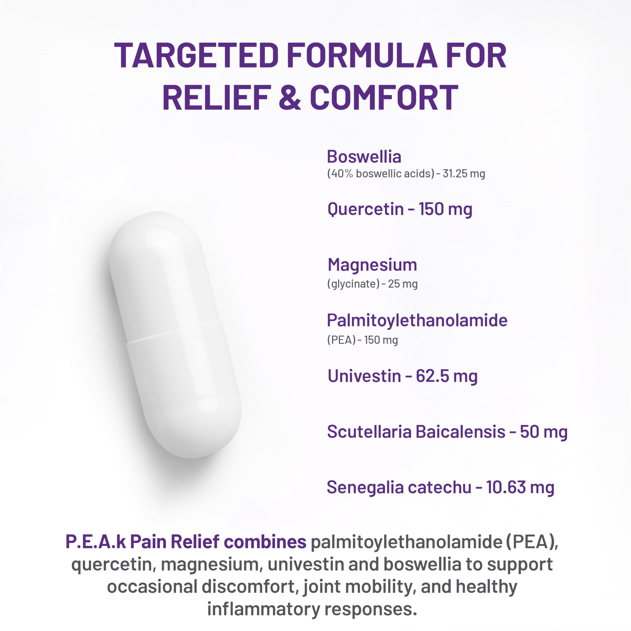 AOR - P.E.A.K Soulagement de la douleur 120 Capsules Cure de 30 Jours - Supplément de Palmitoyléthanolamide (PEA) avec Univestin, Boswellia, Quercétine et Glycinate de Magnésium pour Favoriser le Confort et la Mobilité - Végétalien, Sans OGM
