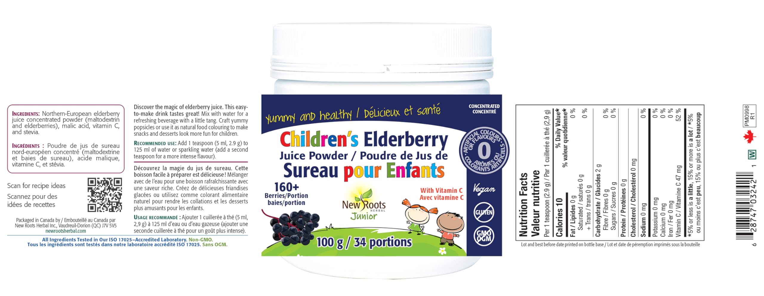New Roots Herbal - Children's Elderberry Juice Powder with Rich in Vitamin C, 100g 34-Servings - 160+ Berries Per Portion, Pure Elderberry Supplement for Kids - Overall Wellness for Children - Vegan