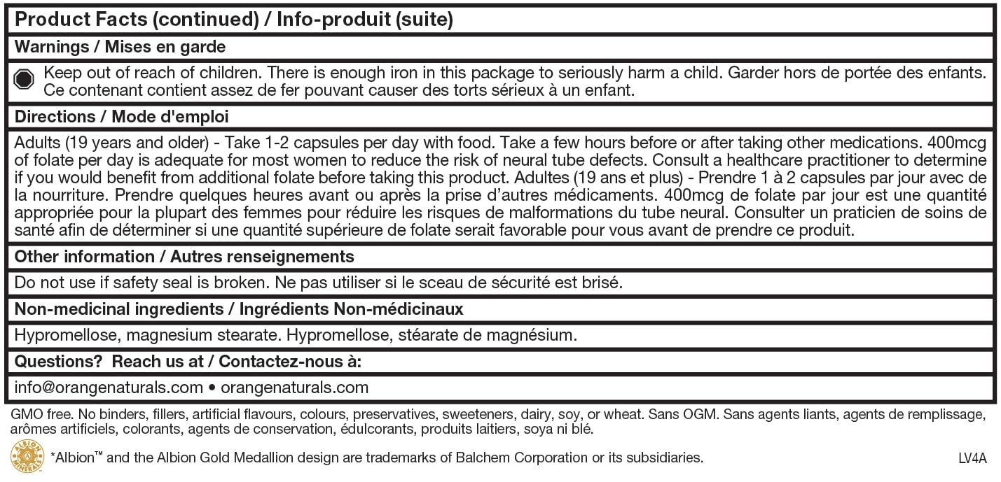 Orange Naturals Complexe de Fer, 60 capsules végétales, pour 60 jours - Végan, sans OGM, sans soja et sans gluten - Bisglycinate de fer doux avec vitamine C, B6, B12 et acide folique, complément de fer facile à digérer