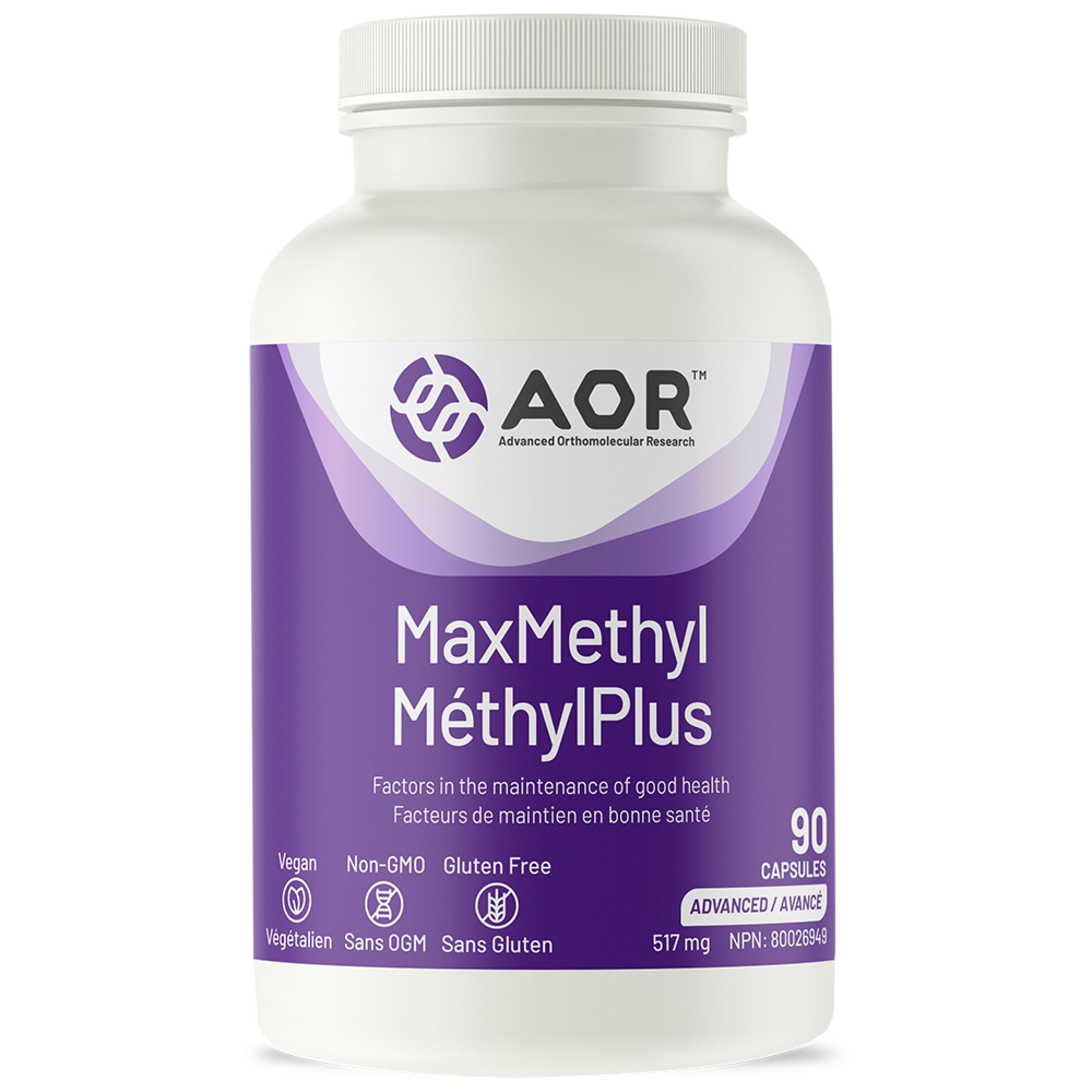 AOR Max Methyl 517mg, 90 gélules végétaliennes, 30 jours d'approvisionnement - Acide folique avec vitamine B6 active (P5P) & méthylcobalamine (vitamine B12), sans OGM, méthylation équilibrée et développement sain des globules rouges