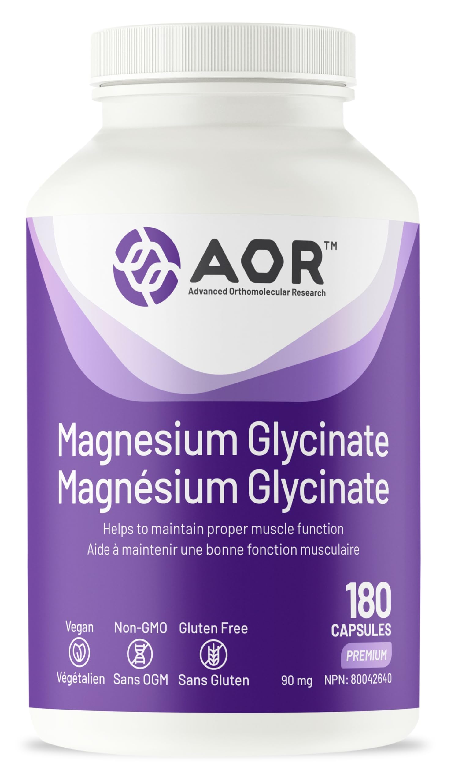 AOR Magnésium Glycinate, 90 mg, Favorise une fonction musculaire et un métabolisme optimaux, Soutien cardiovasculaire, Confort musculaire et cycles menstruels équilibrés, Végétalien et sans OGM