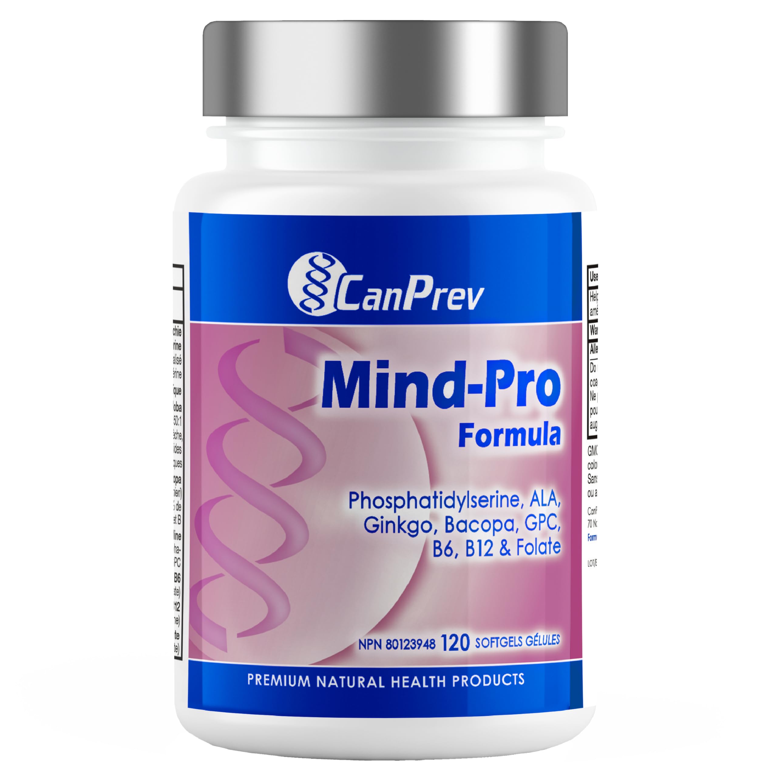 CanPrev Mind-Pro Formule 120 gélules molles, cure de 30 jours – Mélange spécialement conçu avec phosphatidylsérine, ALA, ginkgo, bacopa, GPC, B6, B12 et acide folique, soutient la santé cérébrale, la concentration et la clarté cognitive