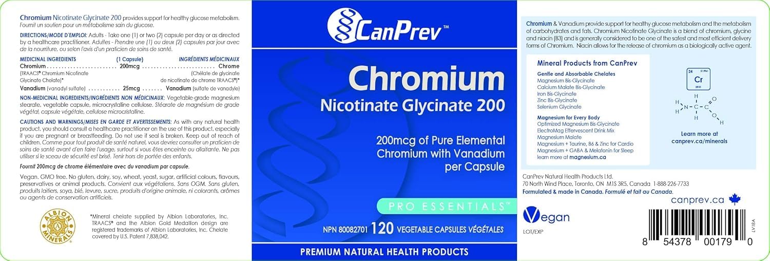 CanPrev Chrome Nicotinate Glycinate 200, 120 V-Caps, pour 60 jours - Chrome avec mélange de Glycine et Niacine, Soutient le métabolisme équilibré du glucose, Aide à réduire les envies de sucre - Végétalien et sans OGM