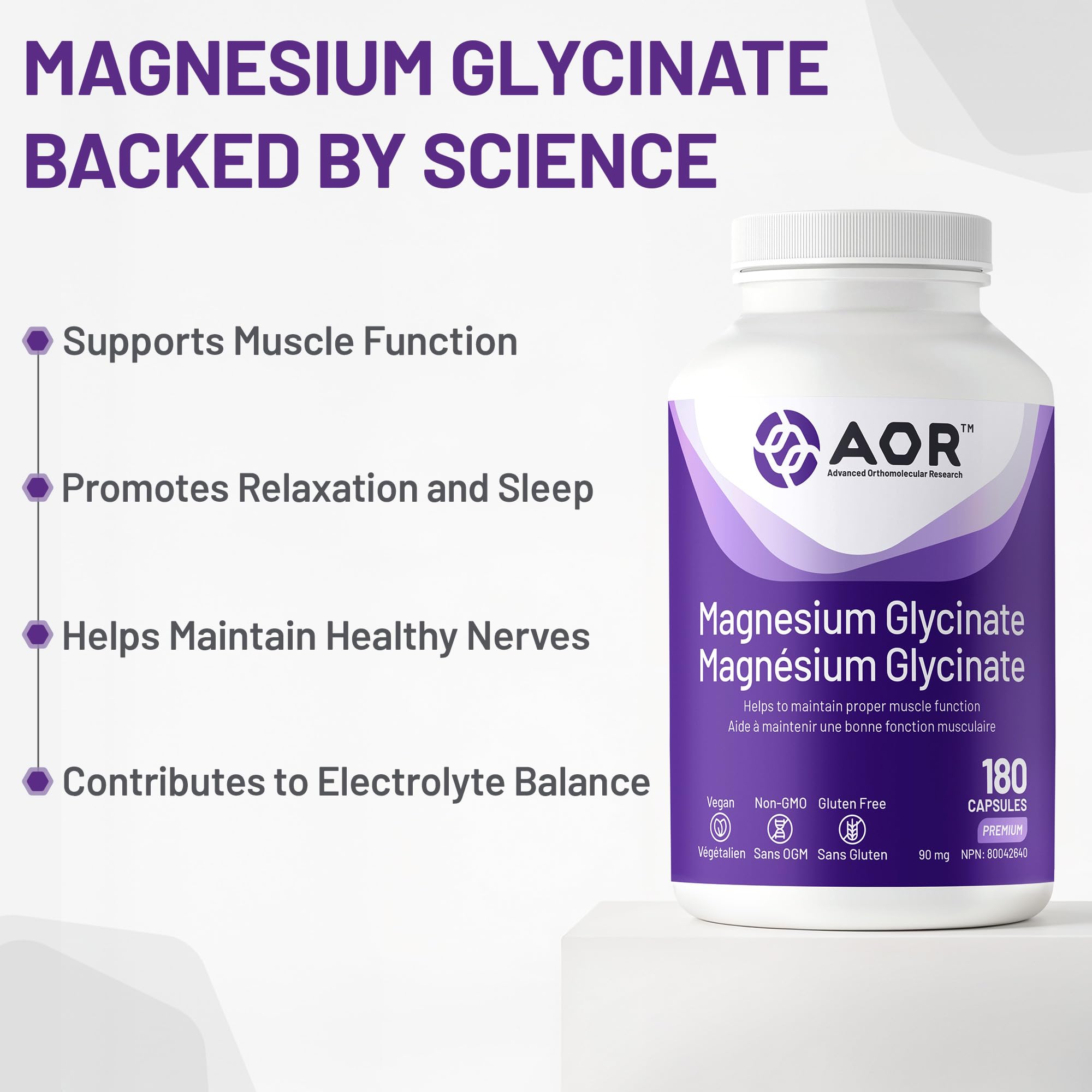 AOR Magnésium Glycinate, 90 mg, Favorise une fonction musculaire et un métabolisme optimaux, Soutien cardiovasculaire, Confort musculaire et cycles menstruels équilibrés, Végétalien et sans OGM