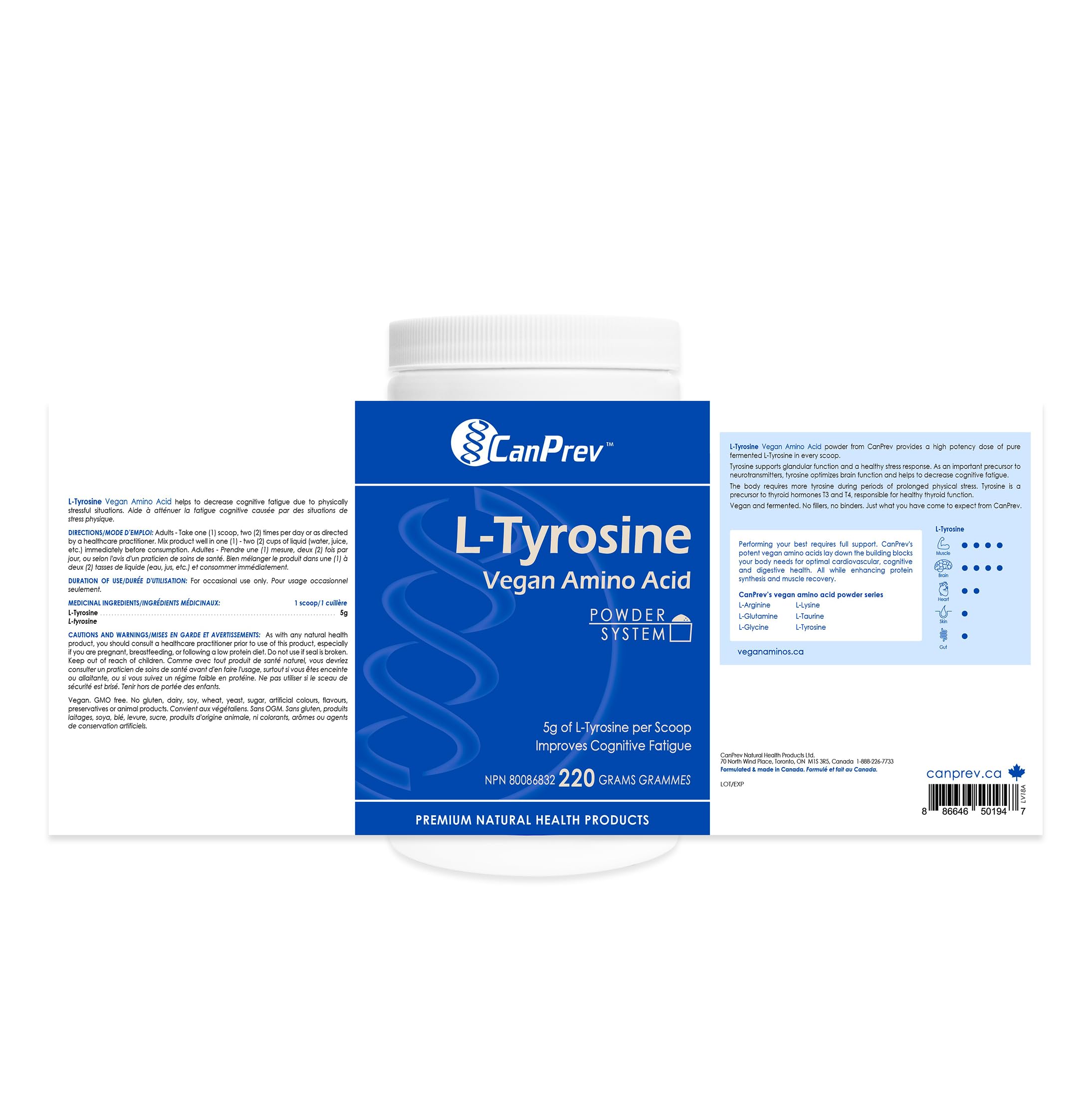 CanPrev L-Tyrosine Poudre d'Acides Aminés Végétalienne 220g - 5g par cuillère pour la Concentration, la Clarté Mentale et le Soutien Cognitif, le Fonctionnement Cérébral et la Mémoire - Formule Facile à Mélanger, Idéale pour les Boissons et les Smoothies