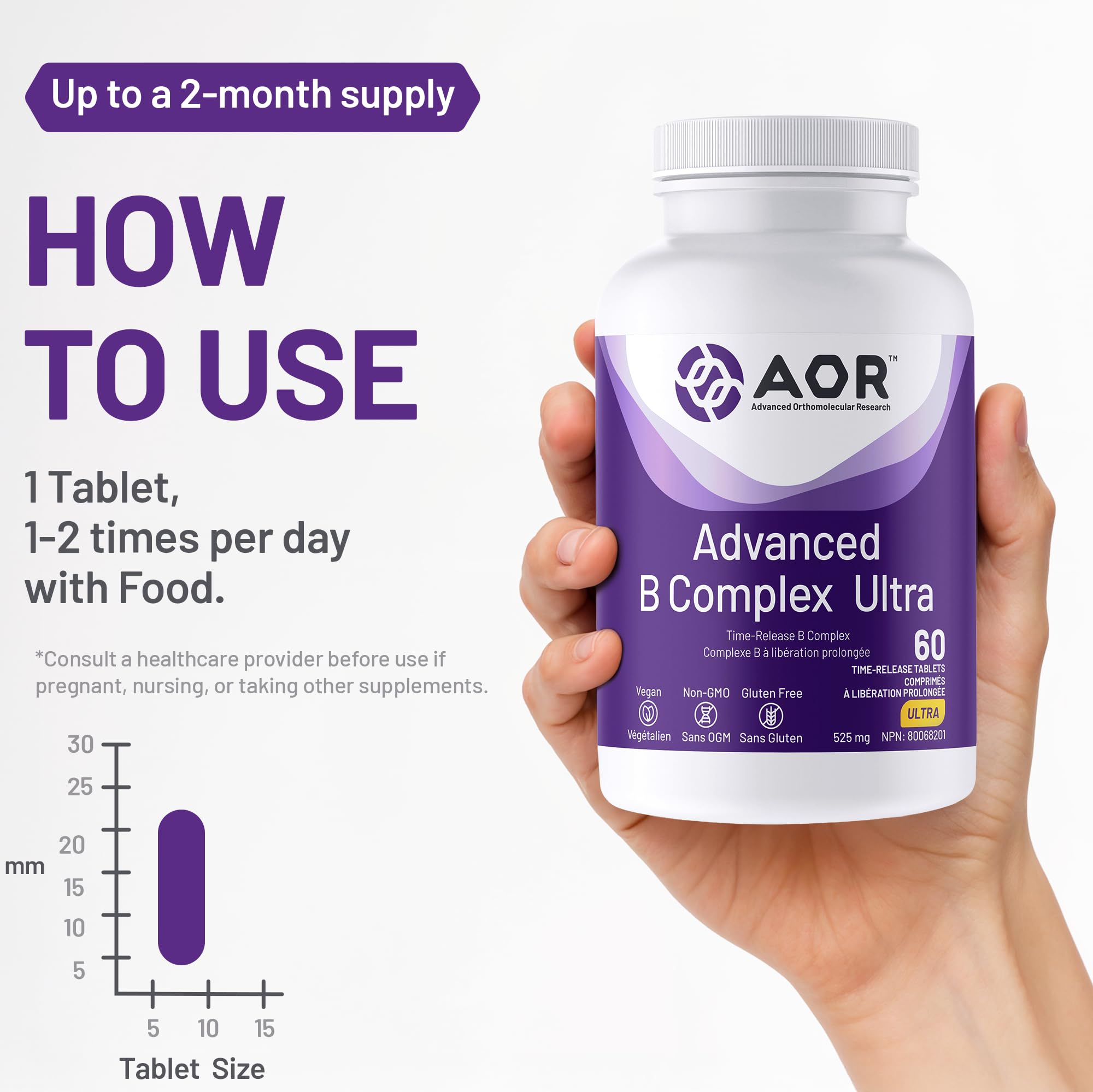 AOR Advanced B Complex Ultra 525mg, 60 comprimés végétaliens, 60 jours d'approvisionnement - Acide folique à libération prolongée, choline, B1, B2, B3, B5, B6, B12 (méthylcobalamine) et inositol - Favorise l'énergie, la concentration et la clarté mentale