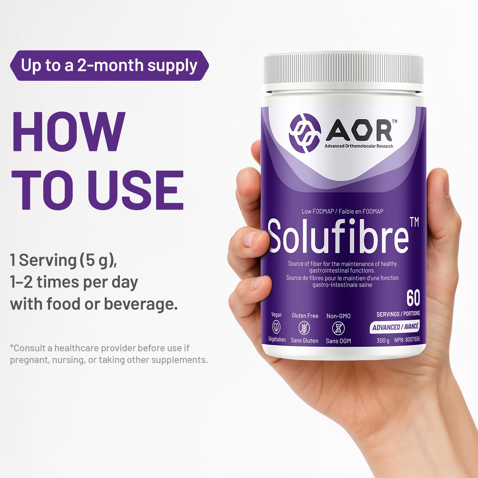 AOR - SoluFibre Poudre, 300 g 60 portions - Gomme de guar partiellement hydrolysée Sunfiber pour le confort digestif et la régularité - Végétalien, sans OGM et sans gluten - Supplément de fibres prébiotiques douces - Fibres solubles