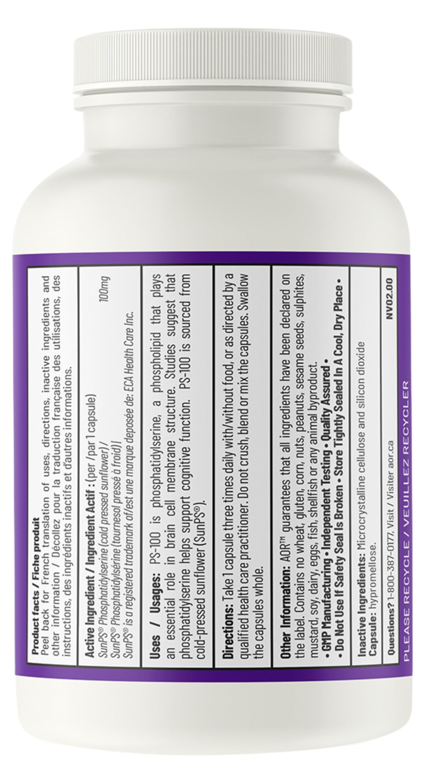 AOR PS-100, 100 mg 60 gélules - Favorise la clarté mentale et la concentration, sans gluten, sans OGM et végétalien, phosphatidylsérine issue de la lécithine de tournesol, favorise un sommeil réparateur et la fonction cognitive