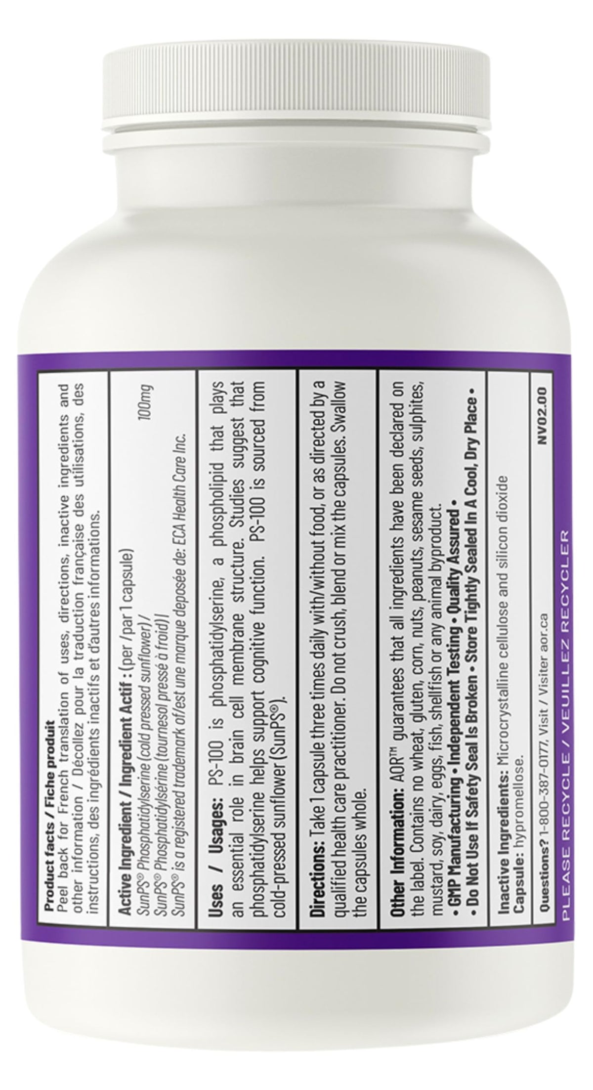 AOR PS-100 Phosphatidylserine Vegan 100 mg per Capsule,60 Capsules