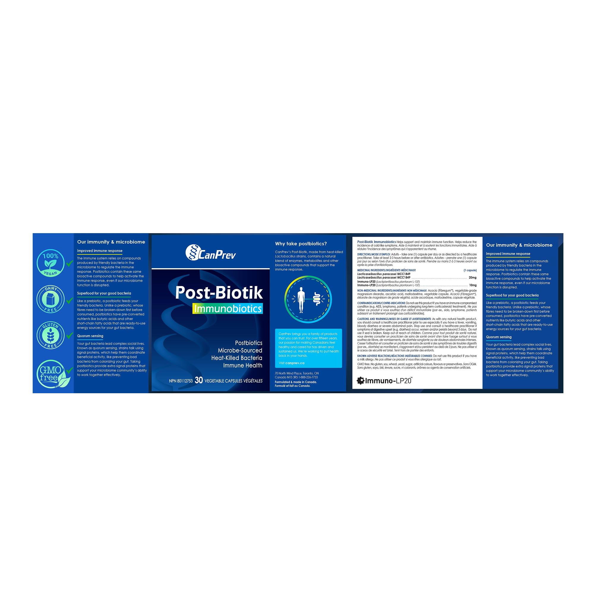 CanPrev Post-Biotik Immunobiotiques, 30 gélules végétales, approvisionnement de 30 jours - Postbiotique pour la santé intestinale - Soutien digestif et immunitaire - Enzymes pour supplément de digestion - Microbiome intestinal Lactobacillus Plantarum