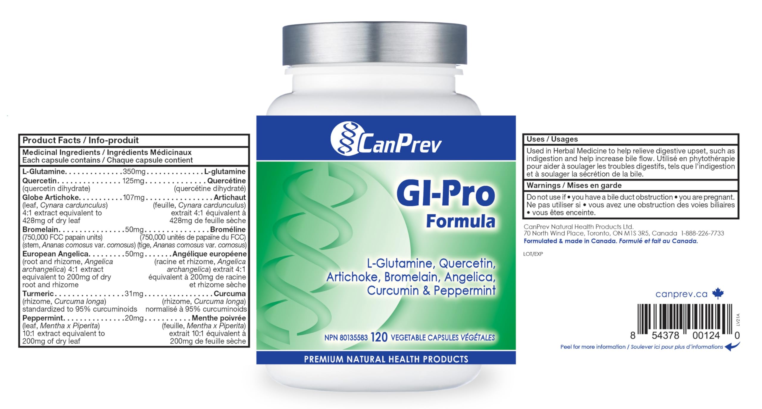 CanPrev GI-Pro Formula, 120 V-Capsules végétaliennes avec L-Glutamine, Quercétine, Artichaut, Angélique, Bromélaïne, Curcumine et Menthe poivrée - Favorise le confort digestif et le bien-être intestinal général