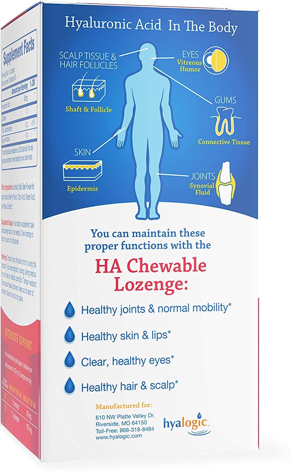 Hyalogic Chewable Hyaluronic Acid Supplement 60 Count (Take 2 tabs for 120mg of HA) - Delicious Berry Flavor - 60mg Lozenge Tablets - Natural, Keto, Vegan, Sugar Free - for Joints, Skin & Eyes