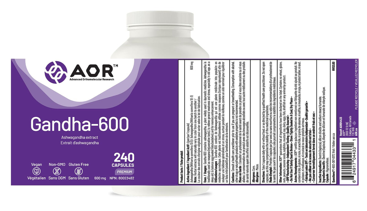 AOR Ashwagandha Supplement, Gandha 600, 10:1 Extract, 600mg, 240-Day Supply