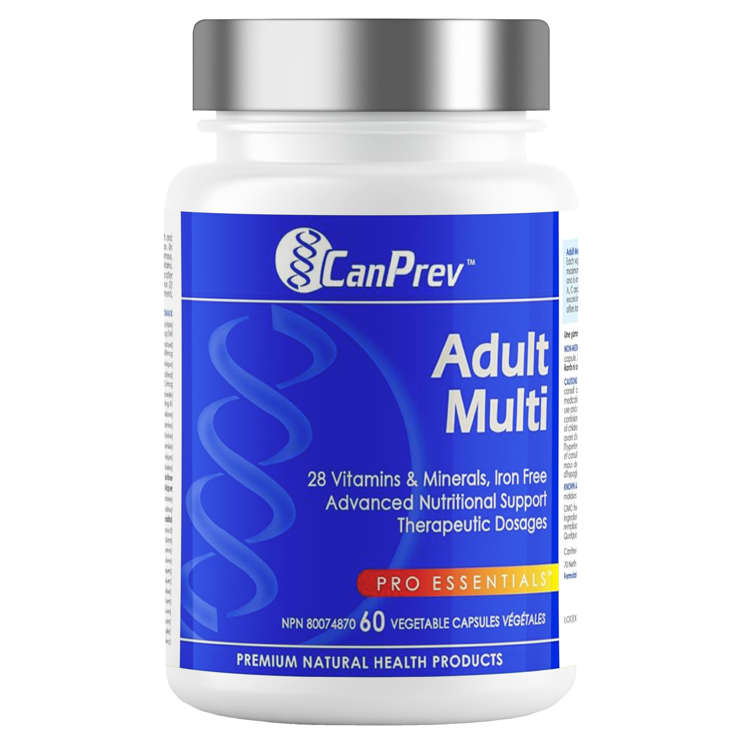 CanPrev Adult Multi, 60 V-Caps, 30 jours d'approvisionnement - Sans OGM et Sans Gluten - Formule Multivitaminée et Multi-Minérale Haute Puissance - Sans Fer - Facile à digérer - Apport Quotidien Complet en Vitamines et Minéraux