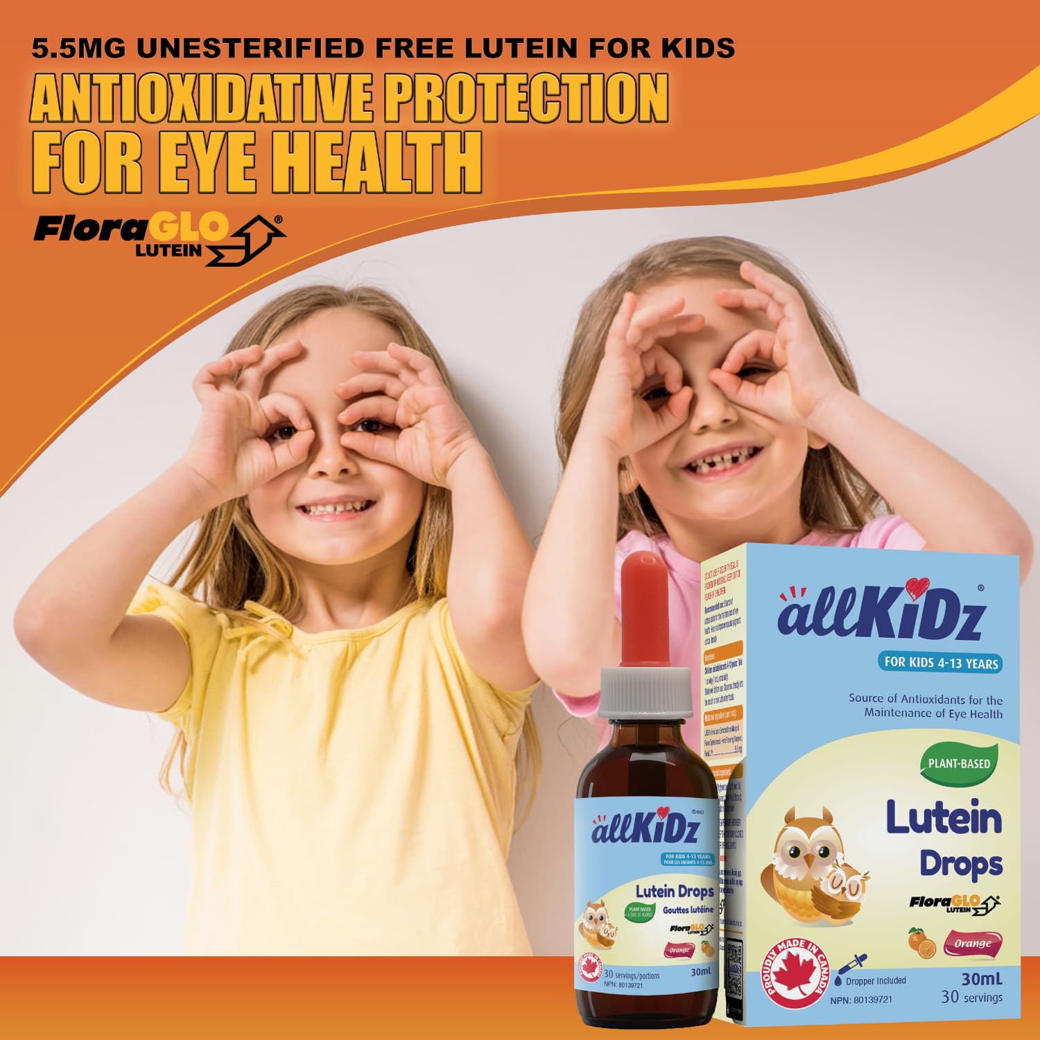 allKiDz Gouttes de lutéine pour enfants, soutien de la santé oculaire et de la vision, 5,5 mg de lutéine libre (FloraGLO) en supplément liquide, végétalien à base de plantes, sans conservateurs, sans sucre, saveur orange délicieuse, 30 ml = 30 jours