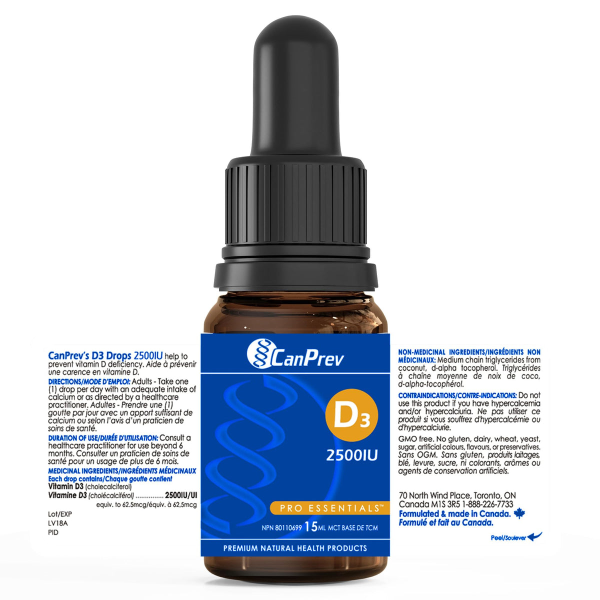 CanPrev Vitamin D3 Drops, MCT Base, 2,500 IU, One Drop, 15 ml, 450 Servings