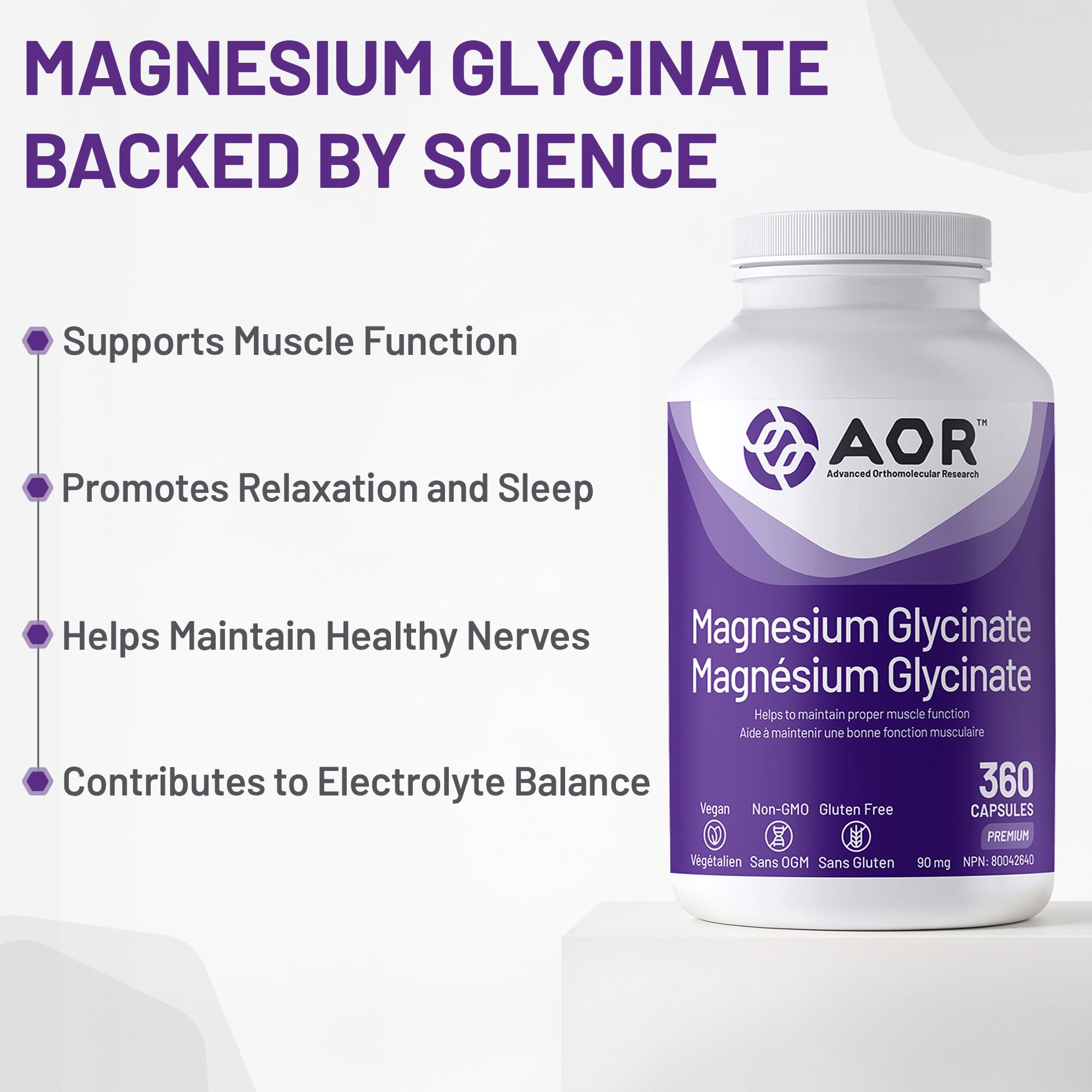 AOR Magnésium Glycinate, 90 mg, Favorise une fonction musculaire et un métabolisme optimaux, Soutien cardiovasculaire, Confort musculaire et cycles menstruels équilibrés, Végétalien et sans OGM