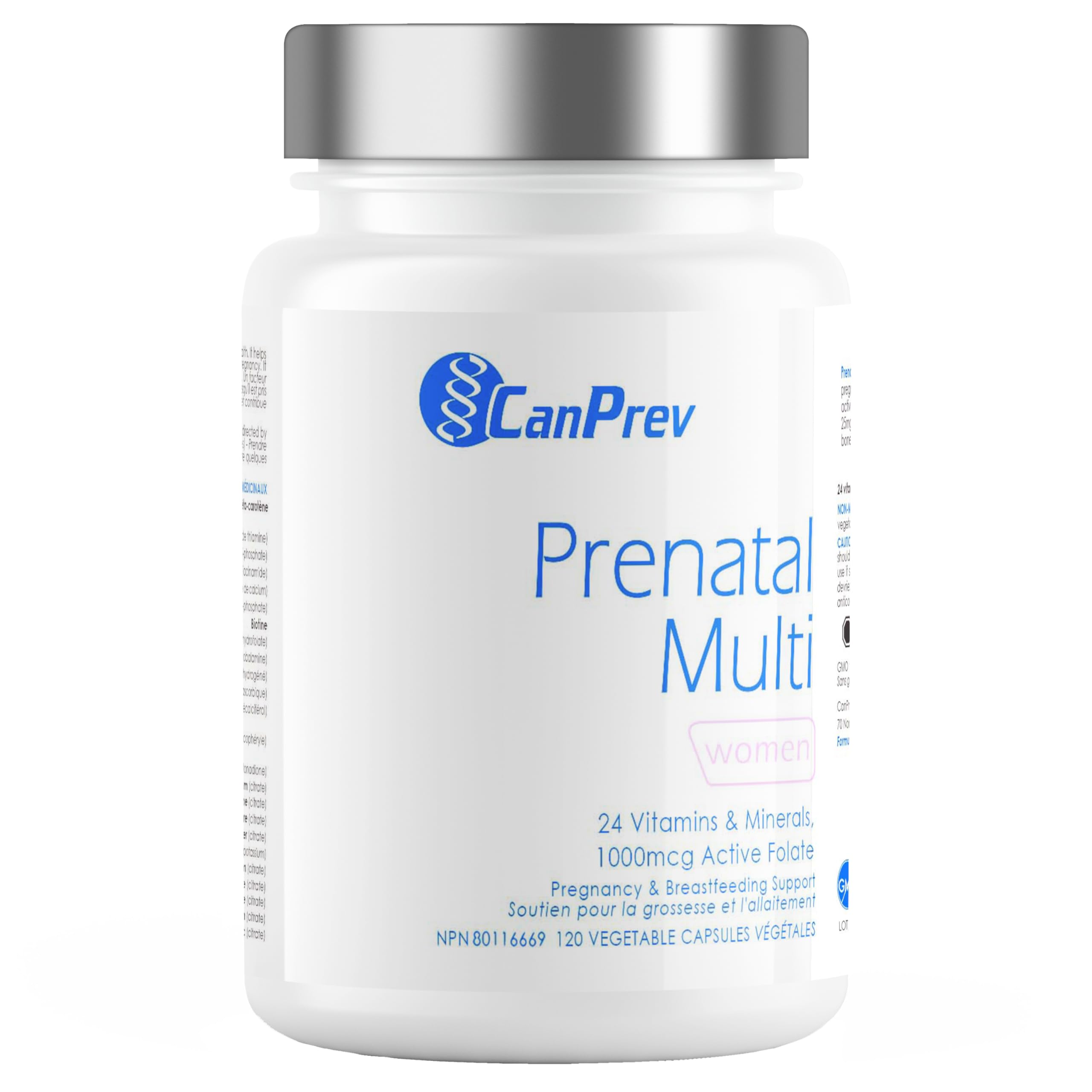 CanPrev Multi Prénatal 120 gélules - 30 jours d'approvisionnement - Vitamines prénatales avec acide folique pour la grossesse et l'allaitement, multivitamine et minéraux prénatals pour femmes, 1000 mcg de folate actif - Sans OGM et sans gluten