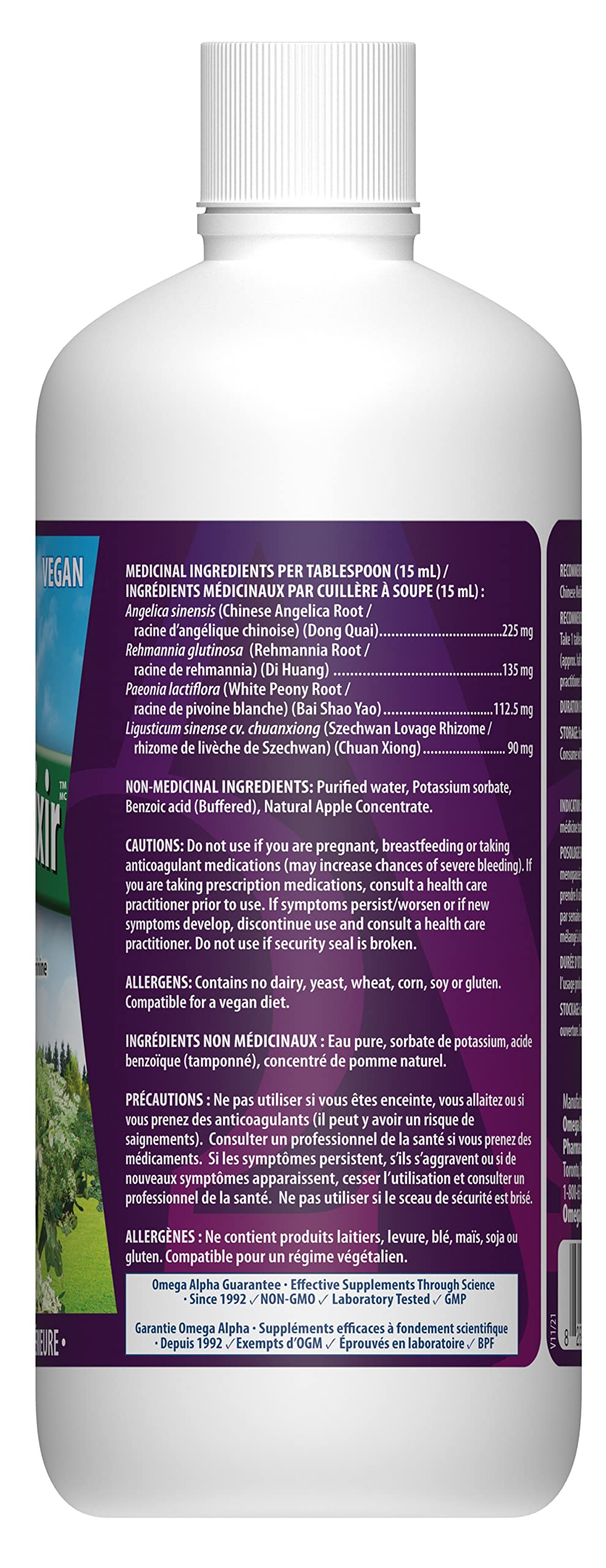 Complément alimentaire liquide à base de plantes Omega Alpha Dong Quai Elixir pour l'équilibre hormonal et le soutien de la vitalité des femmes, saveur pomme 500 ml, approvisionnement de 33 jours, formule végétalienne