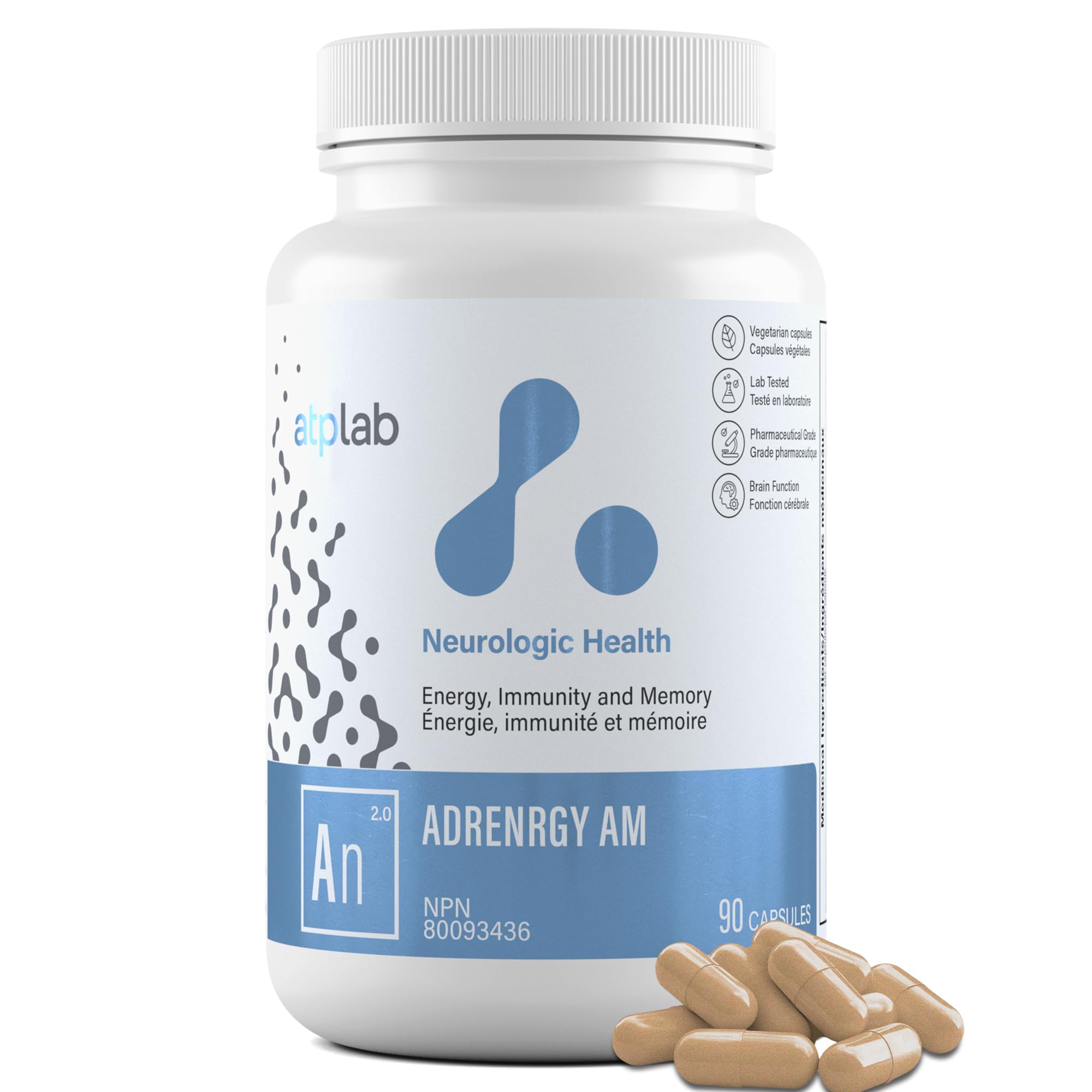 ATP LAB AdrenRGY AM, 90 gélules, 30 jours, Soutien quotidien avec Vitamine B5, B12, C, Ashwagandha KSM-66, Rhodiole et Éleuthérocoque, Soutient l'équilibre du cortisol, la fonction surrénalienne, le métabolisme et la fonction immunitaire