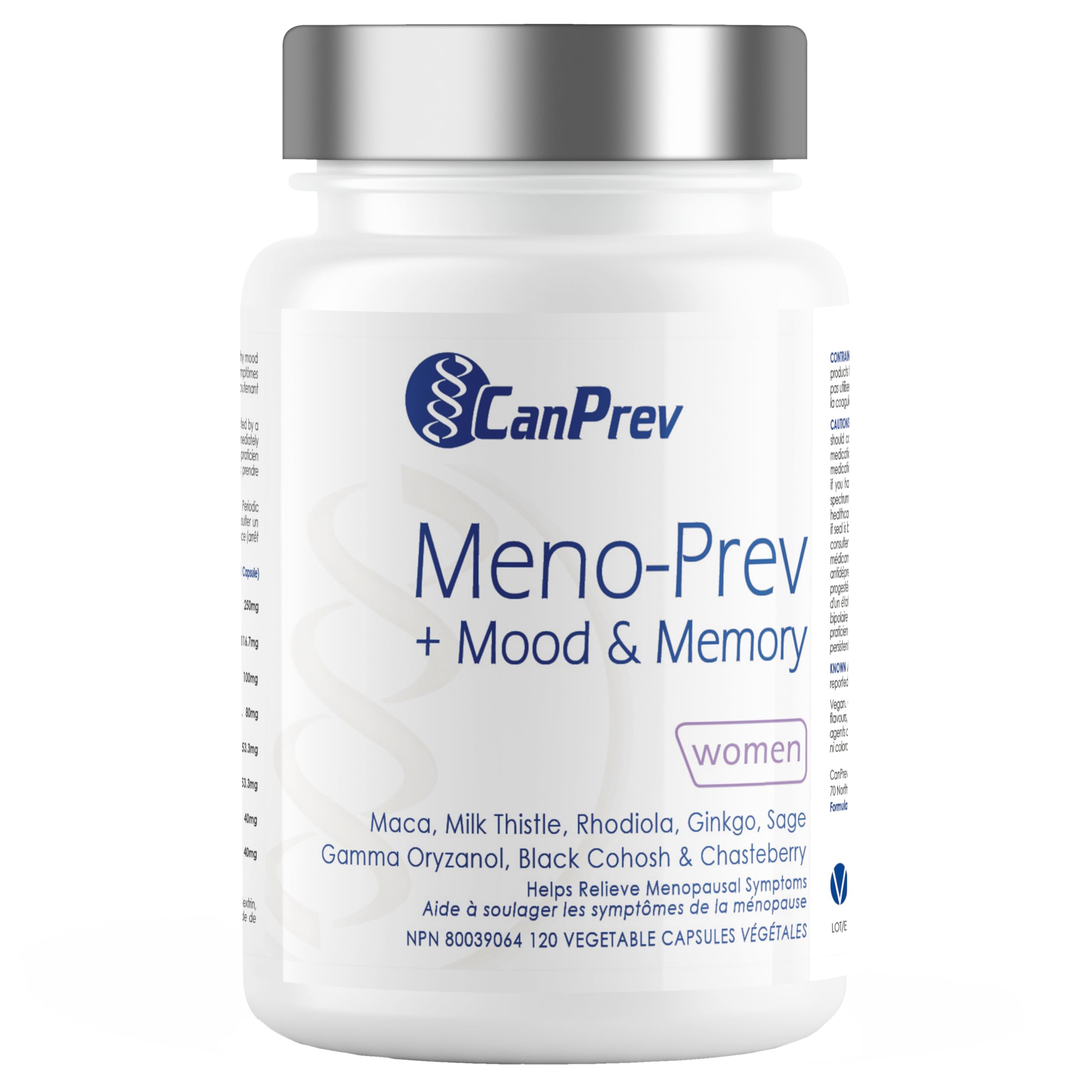 CanPrev Meno-Prev + Mood & Memory, 120 V-Caps 40-Day Supply - Menopause Support Supplement for Women - With Maca, Milk Thistle, Ginkgo, Rhodiola - Helps with Hot Flashes & Night Sweat - Memory Support