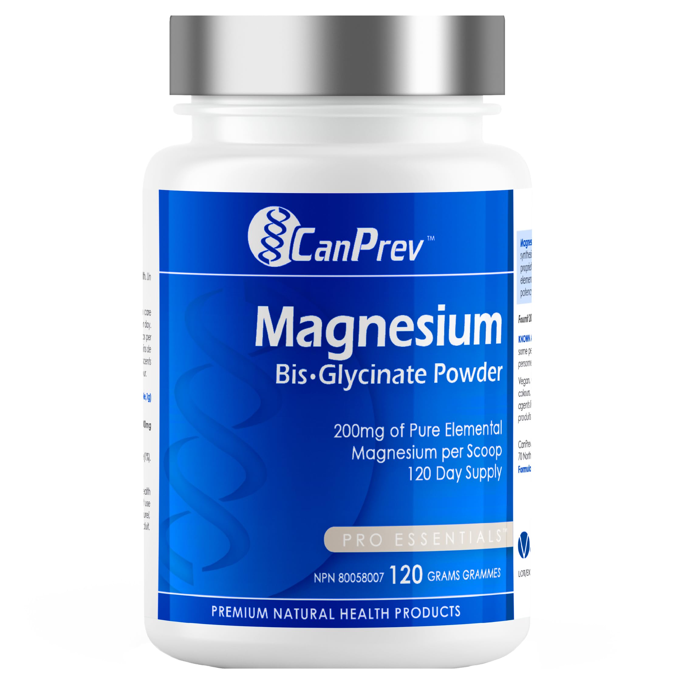 CanPrev Poudre de bisglycinate de magnésium 200 mg, 120 g, Approvisionnement de 120 jours - Bisglycinate de magnésium pur chélaté pour soutenir la santé des os, des dents et la fonction musculaire - Doux et facile à absorber - Convient aux végétaliens