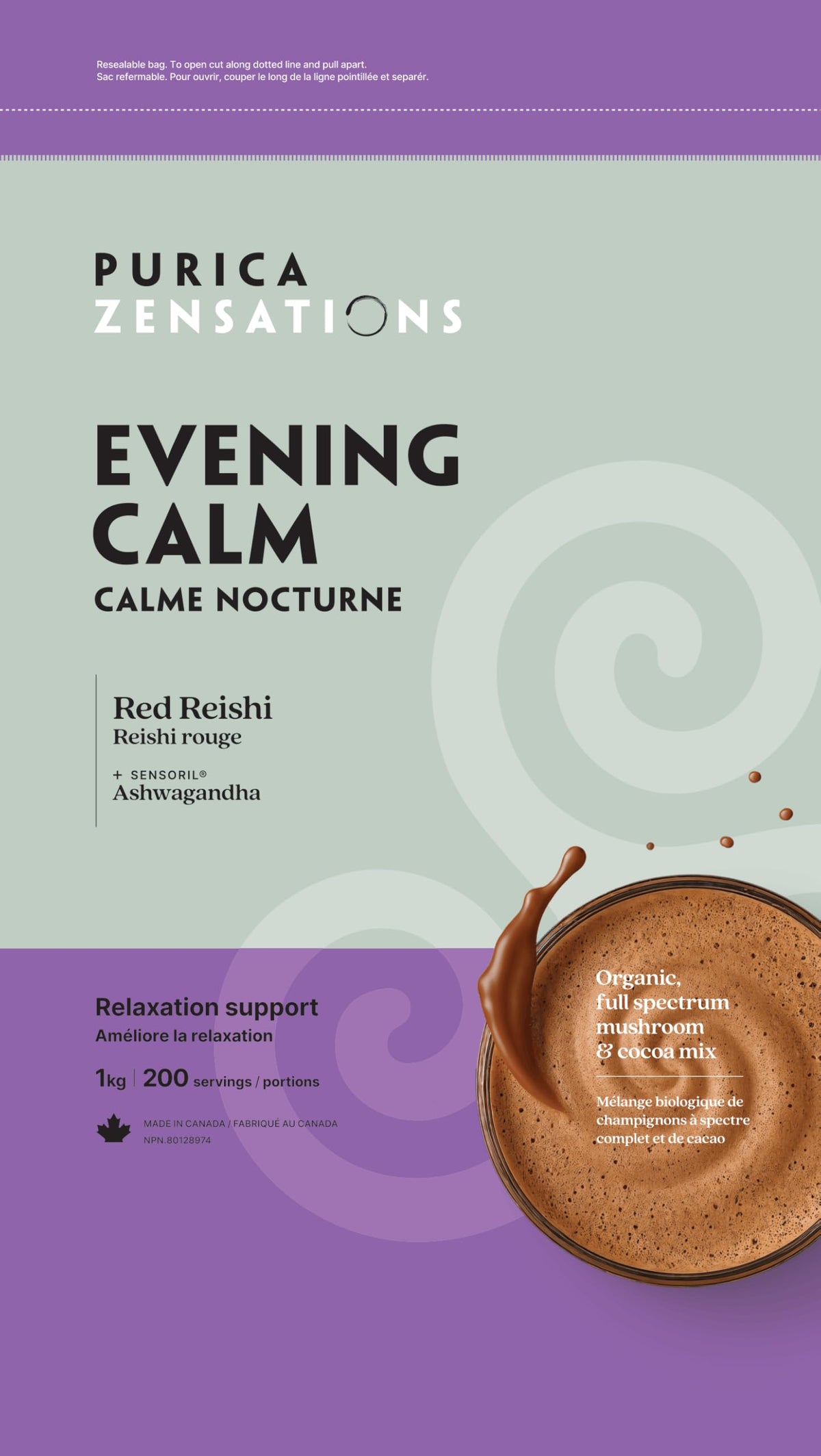 PURICA Zensations Evening Calm, Ashwagandha Cacao Mushroom Powder, 1kg