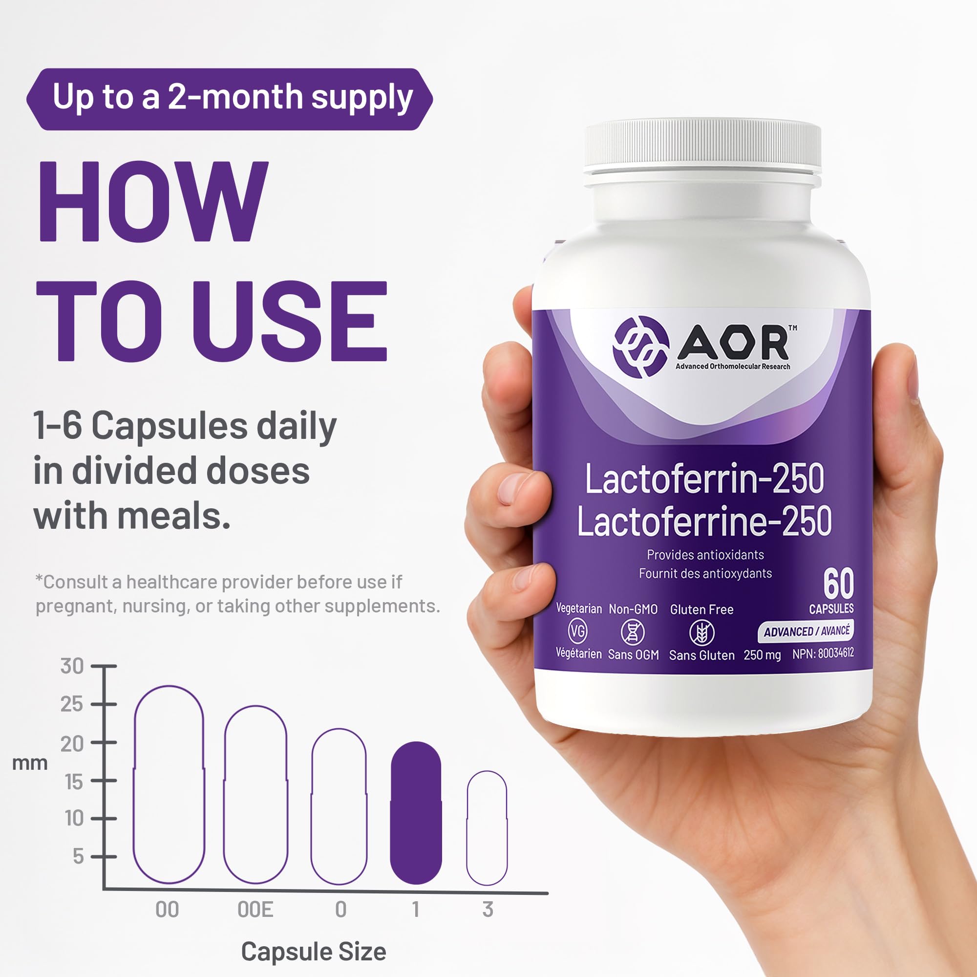 AOR Lactoferrin 250mg, 60 Capsules 60-Day Supply - Supports Balanced Iron Levels & Antioxidant Properties - Non-GMO Vegetarian Formula for Energy, Vitality & Strong Bones, Promotes Iron Utilization